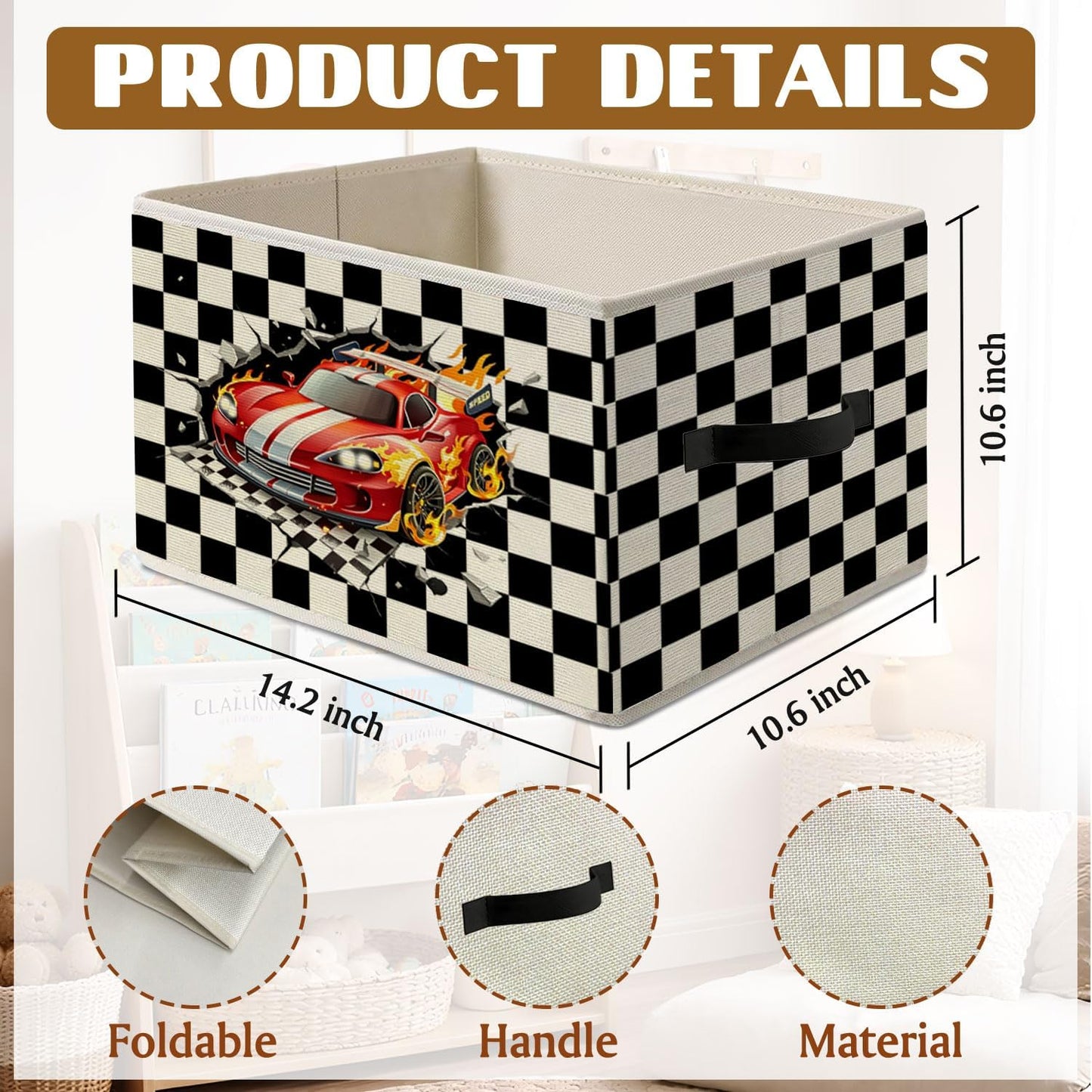 Racing Storage Bins Box,Race Car Room Decor | Ready Set Go Black Checkered Foldable Collapsible Storage Basket Organizer for Kids Nursery Bedroom Toys Playroom
