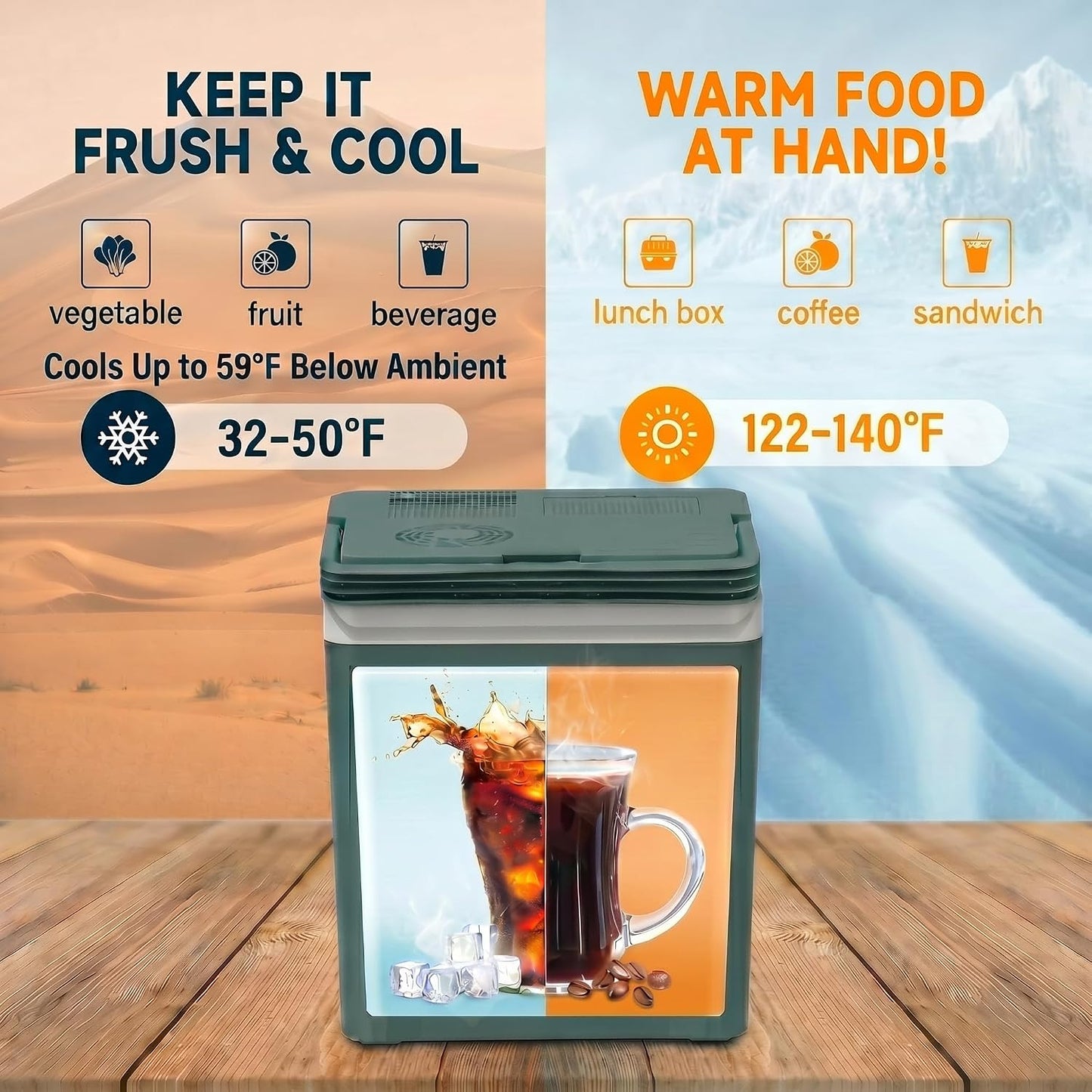 SubSun 27 Quart Electric Cooler and Warmer with Handle, Portable Thermoelectric Fridge, Car Fridge Cooler with 12V DC & 110 AC for Camping, Travel & Picnics, Green