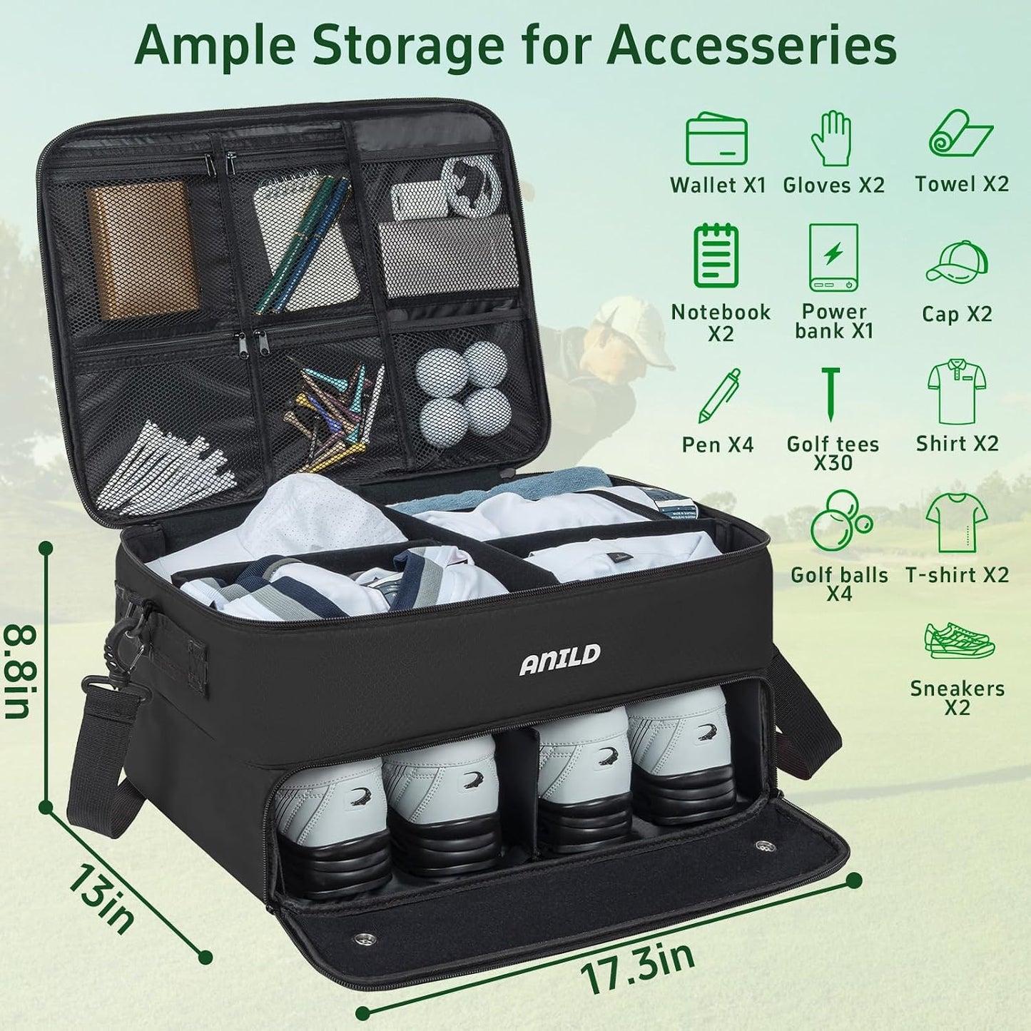 ANILD Golf Trunk Organizer, 2 Layer Golf Storage Case with Separate Ventilated Compartment for 2 Pair Shoes, for Balls, Tees, Clothes, Gloves, Accessories, Golfer Gifts