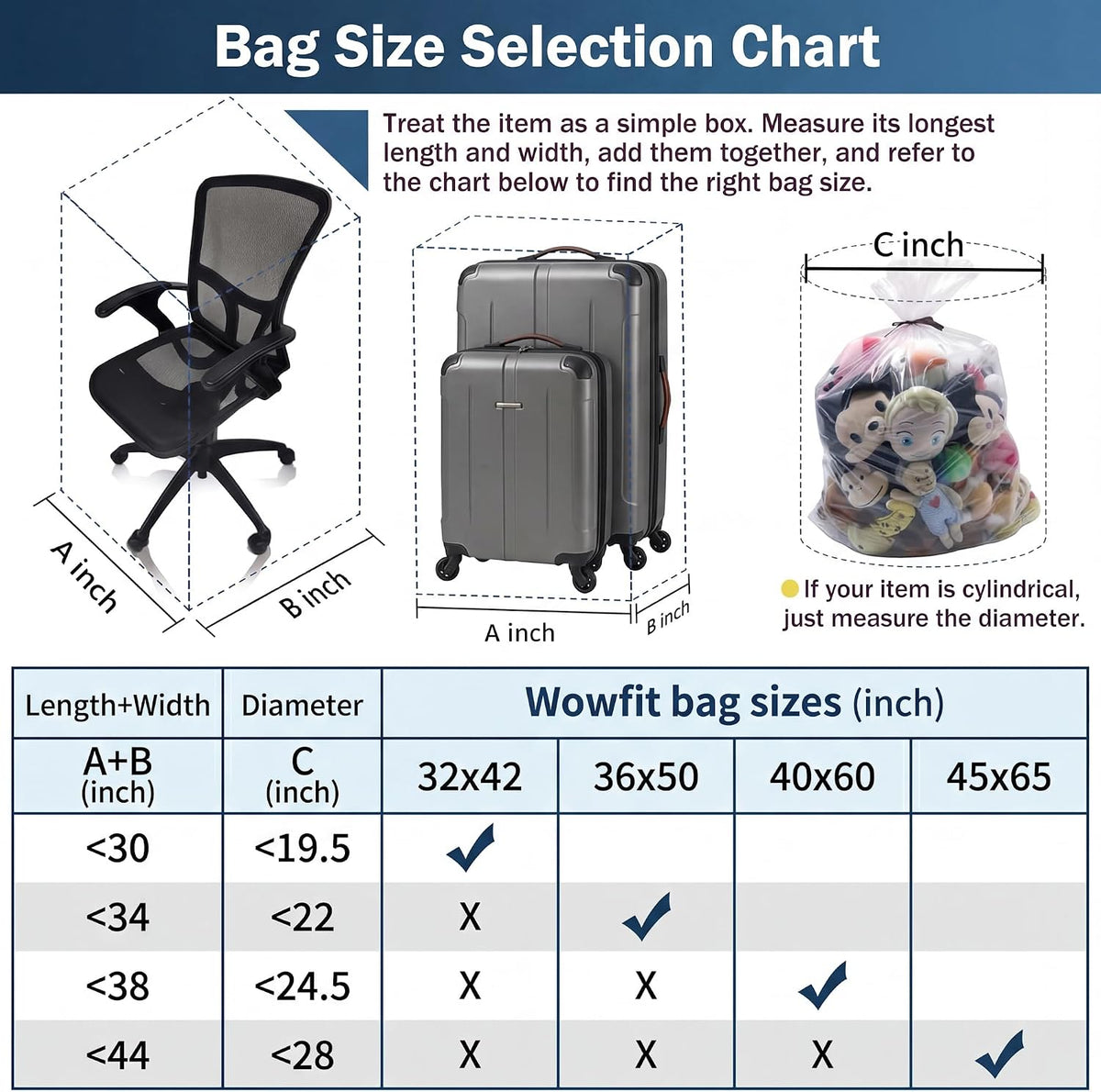 Wowfit 5 CT 40x60 inches Extra Large Clear Plastic Bags Perfect for Car Seat, Luggage, Suitcase, Stroller, Chair, Kids Bike and Attic Storage (2 Mil Flat Bags)