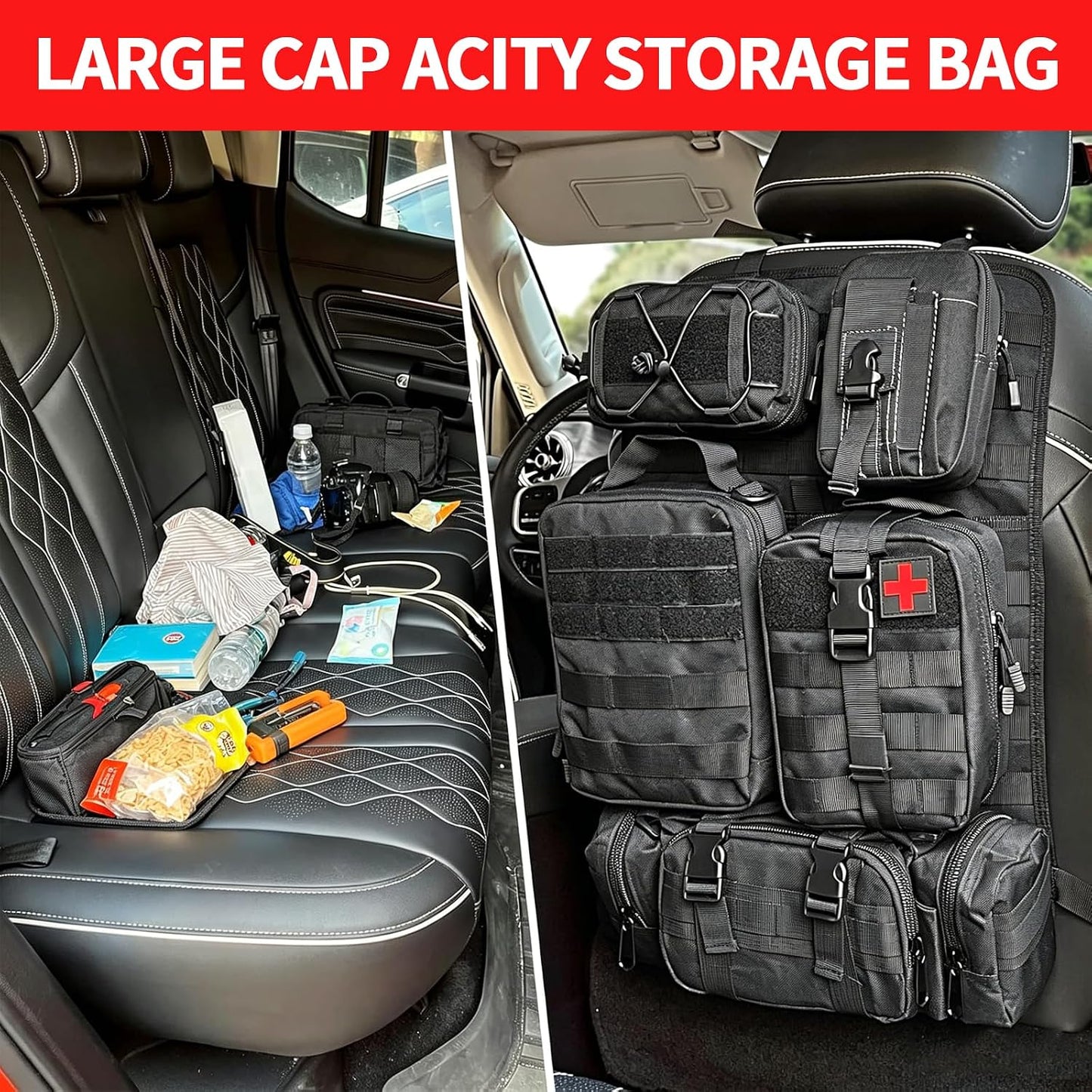 Tactical Car Seat Back Organizer with 5 Detachable Molle Pouches, 600D PU Waterproof Vehicle Seat Back Storage Bag, Universal Fit for Car, SUV, Truck, Pickup, Truck (Black)