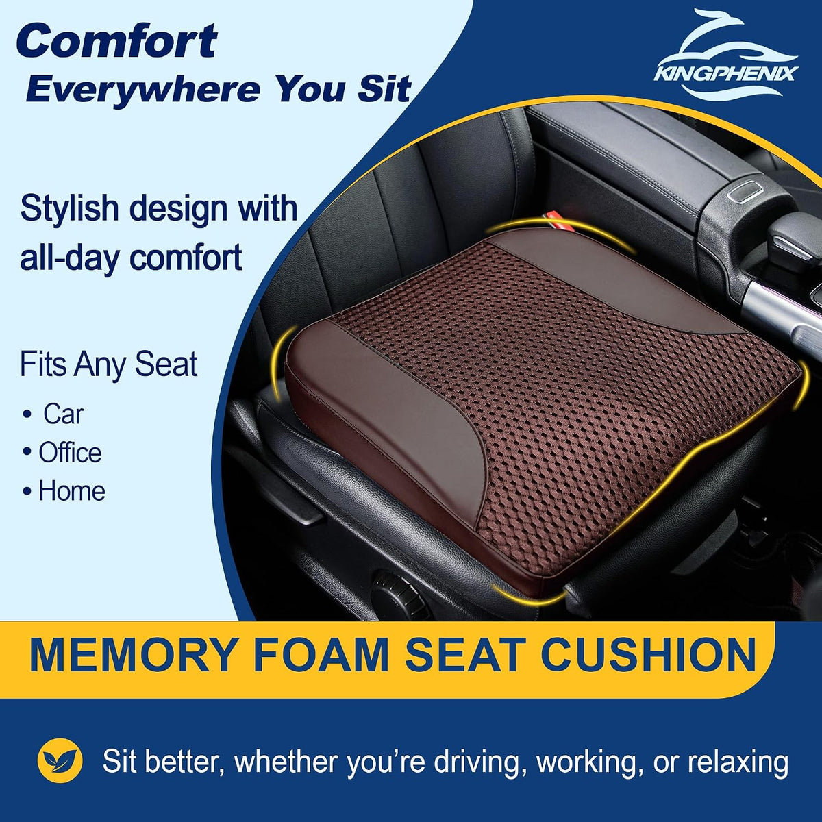 kingphenix Memory Foam Car Seat Cushion for Driving Comfort and Office Use