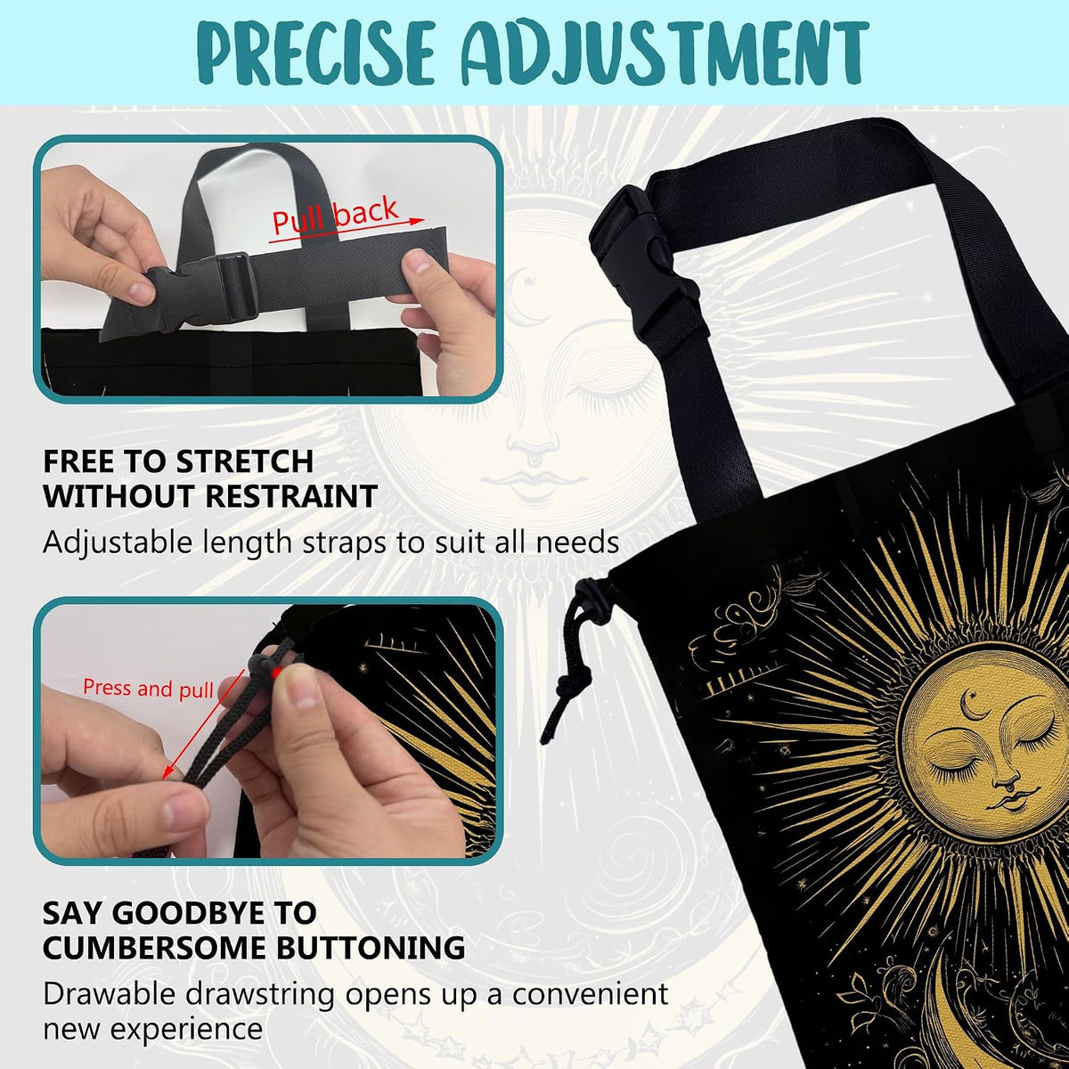 Car Garbage Bag Golden Sun Boho Crescent Moon Stars Hanging Canvas Car Trash Bag Drawstring Car Back Seat Organizer for Car Back Front Seat Console with Adjustable Buckle