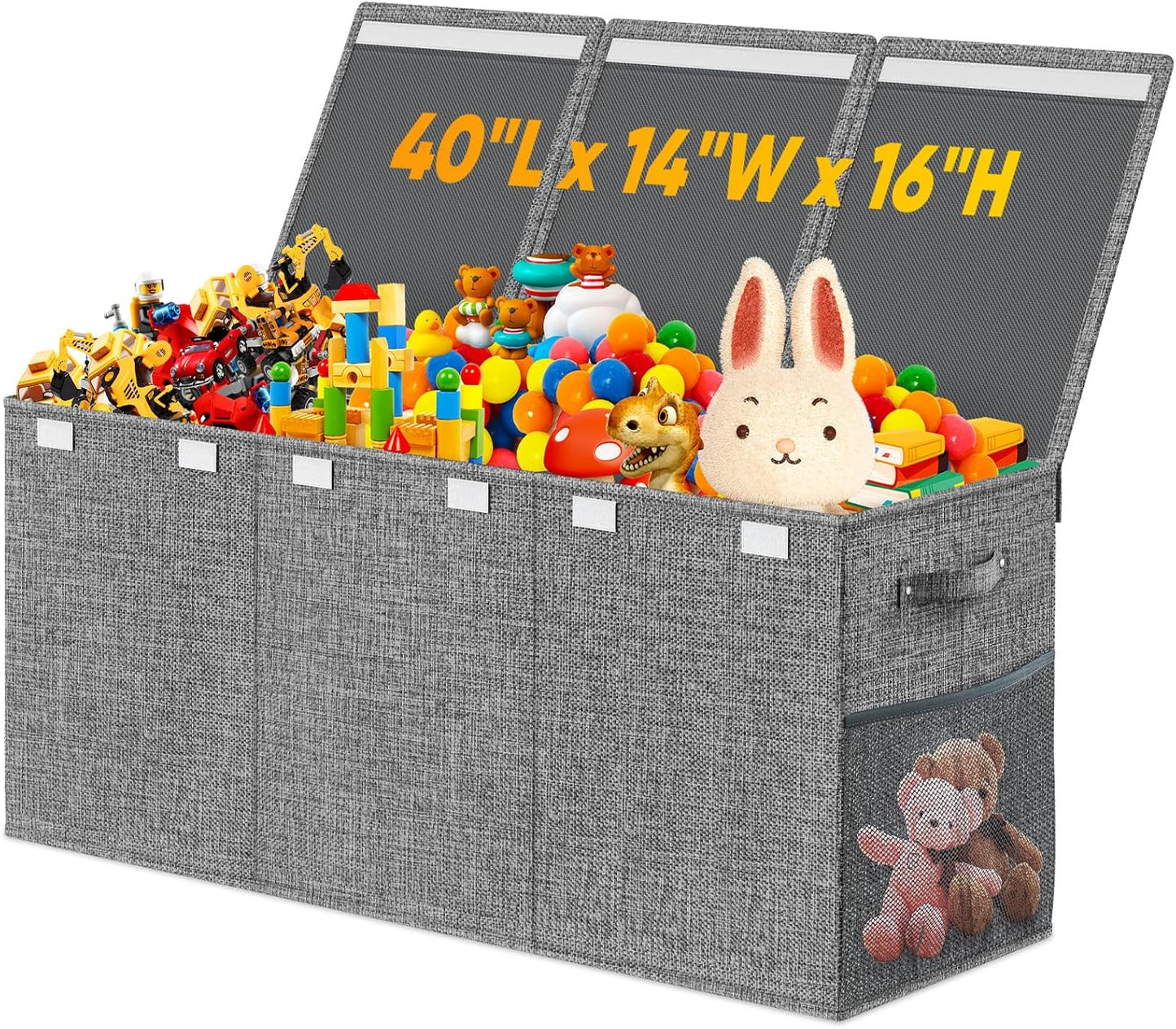 Rocamdo Large Toy Storage Box with Lid Divider, Sturdy Collapsible Toys Organizer Chest Kids Storage Bins Boxes Baskets for Boys, Girls, Nursery, Bedroom, Living Room, Playroom, 25"x13"x16", Gray