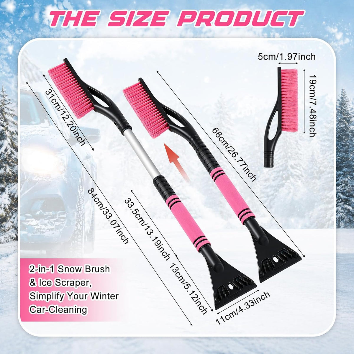 32'' Extendable Snow Brush and Ice Scraper for Car Windshield, Pink 2 in 1 Detachable Snow Scraper with Soft Grip Handle Additional Handhold, Multi-functional Removal Tool for Car, Truck, SUV