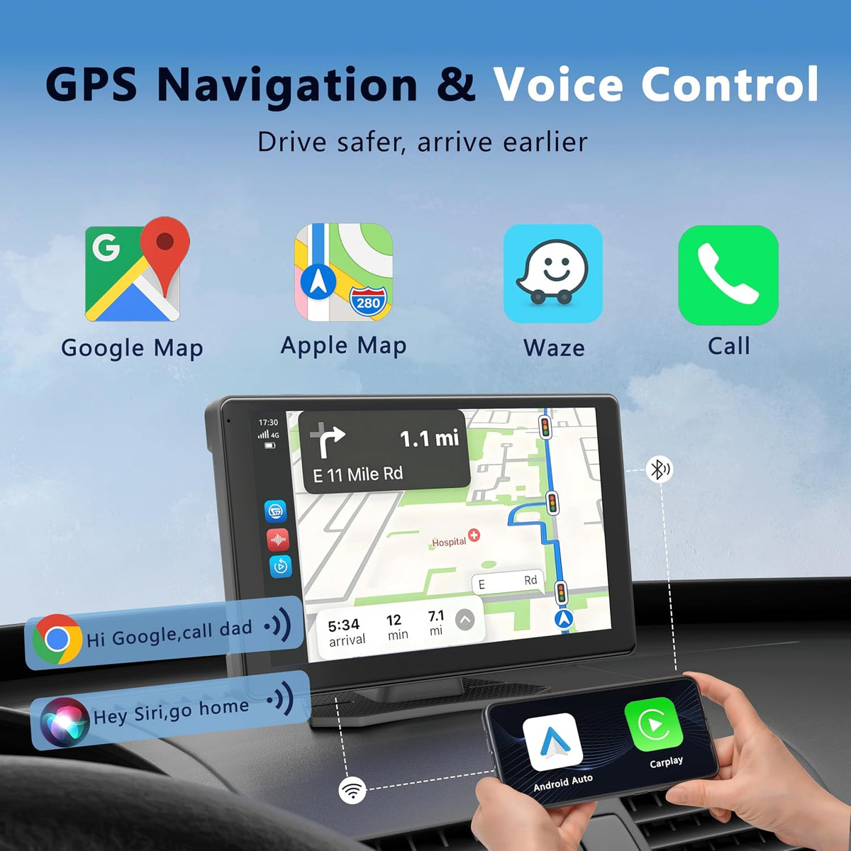 XBAY 9" Carplay Screen for Car, Support Apple Carplay & Android Auto, 4K Dash Cam, 1080p Backup Camera DVR, Car Audio Receivers GPS Navigation Airplay/Super Link, Bluetooth, FM, Siri.