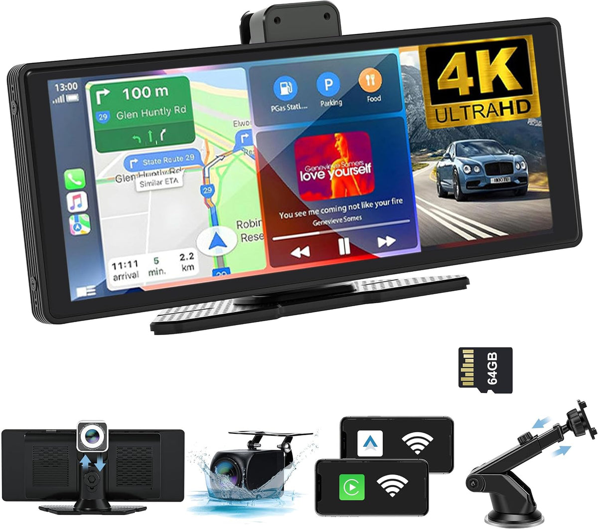 Wireless CarPlay Android Auto Screen for Car 10.26" 4K Dash Cam & 1080P Backup Camera 64 GB of Storage Mirror Link/Bluetooth/FM, Satellite Radio Receiver