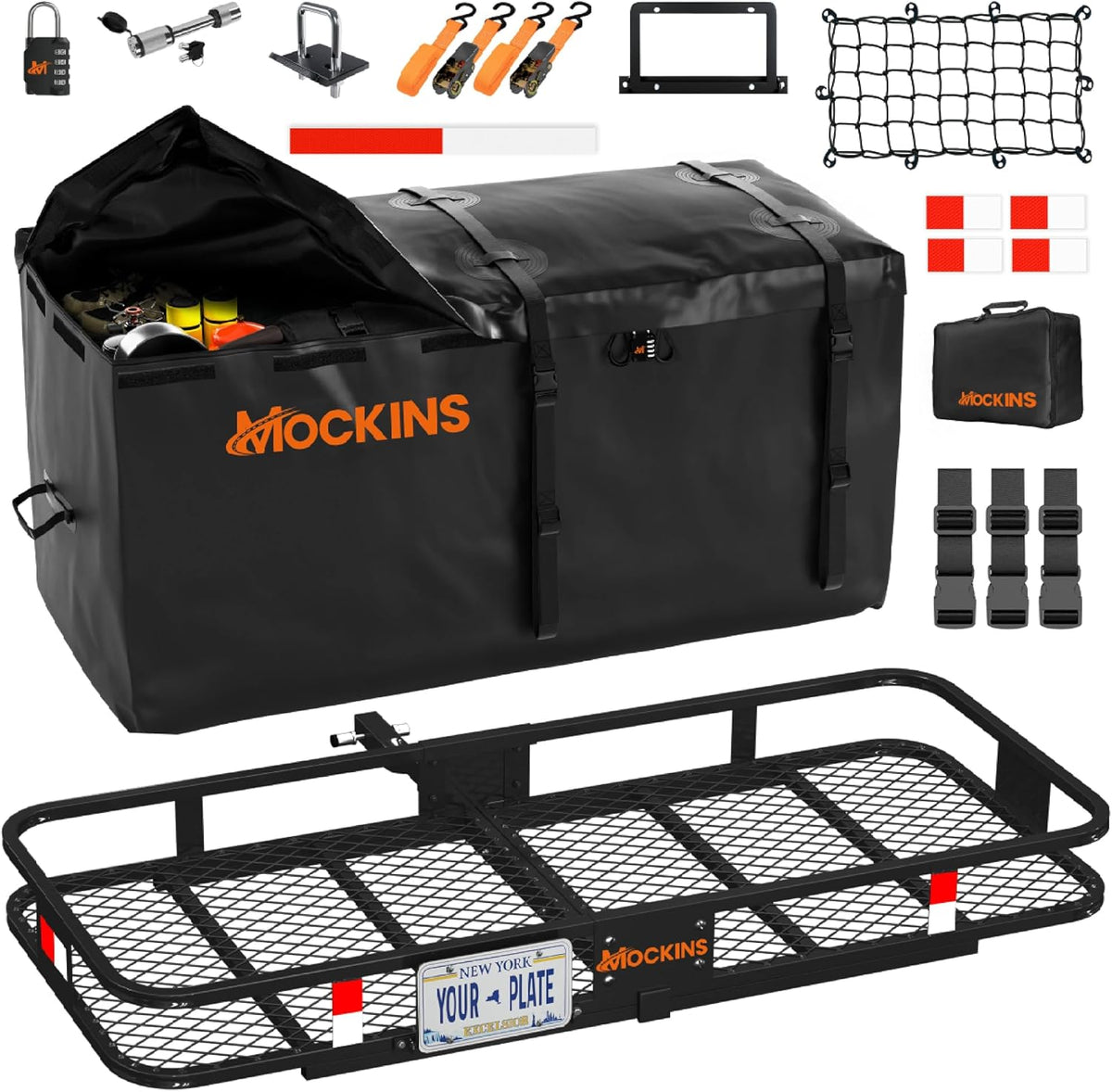 Mockins 60"x24"x6" Heavy Duty Trailer Hitch Cargo Carrier w/ 500 Lbs. Cap | with 25 CuFt Waterproof Cargo Bag for Hitch Carrier | Folding Luggage Rack for SUV Car Truck w/ Plate Bracket & Accessories