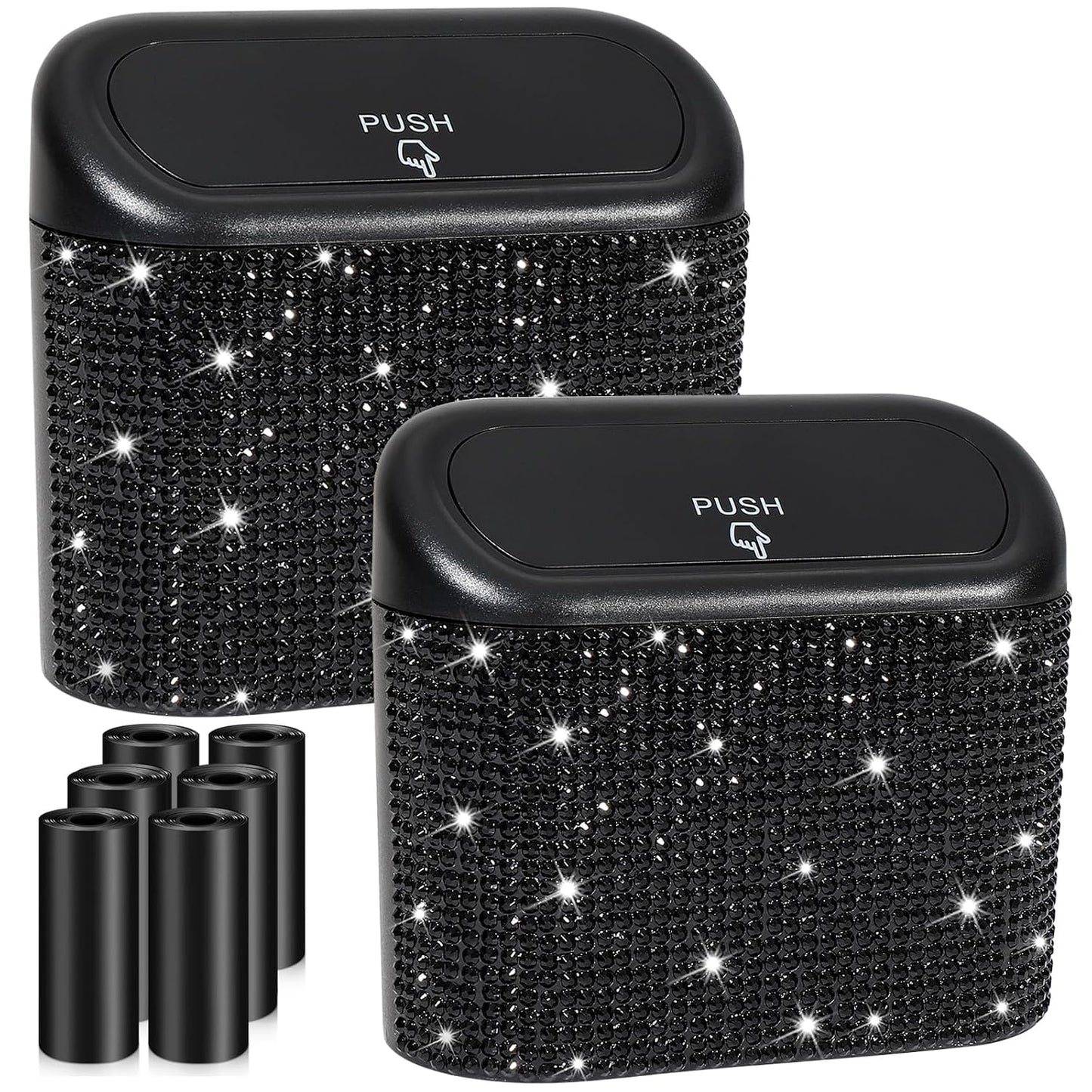 Accmor 2 Pack Bling Car Trash Can with Lid, Small Garbage Can, Auto Garbage Storage Bin with 90pcs Garbage Bags, Sparkling Crystal Trash Bags Holder for Car, Home, Office Storage (Black Rhinestone)