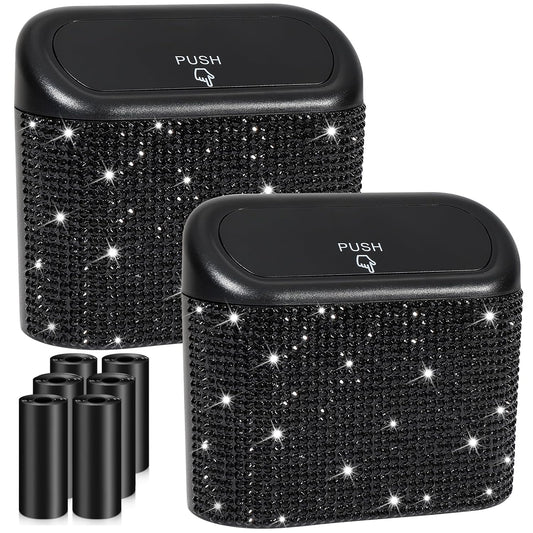 Accmor 2 Pack Bling Car Trash Can with Lid, Small Garbage Can, Auto Garbage Storage Bin with 90pcs Garbage Bags, Sparkling Crystal Trash Bags Holder for Car, Home, Office Storage (Black Rhinestone)