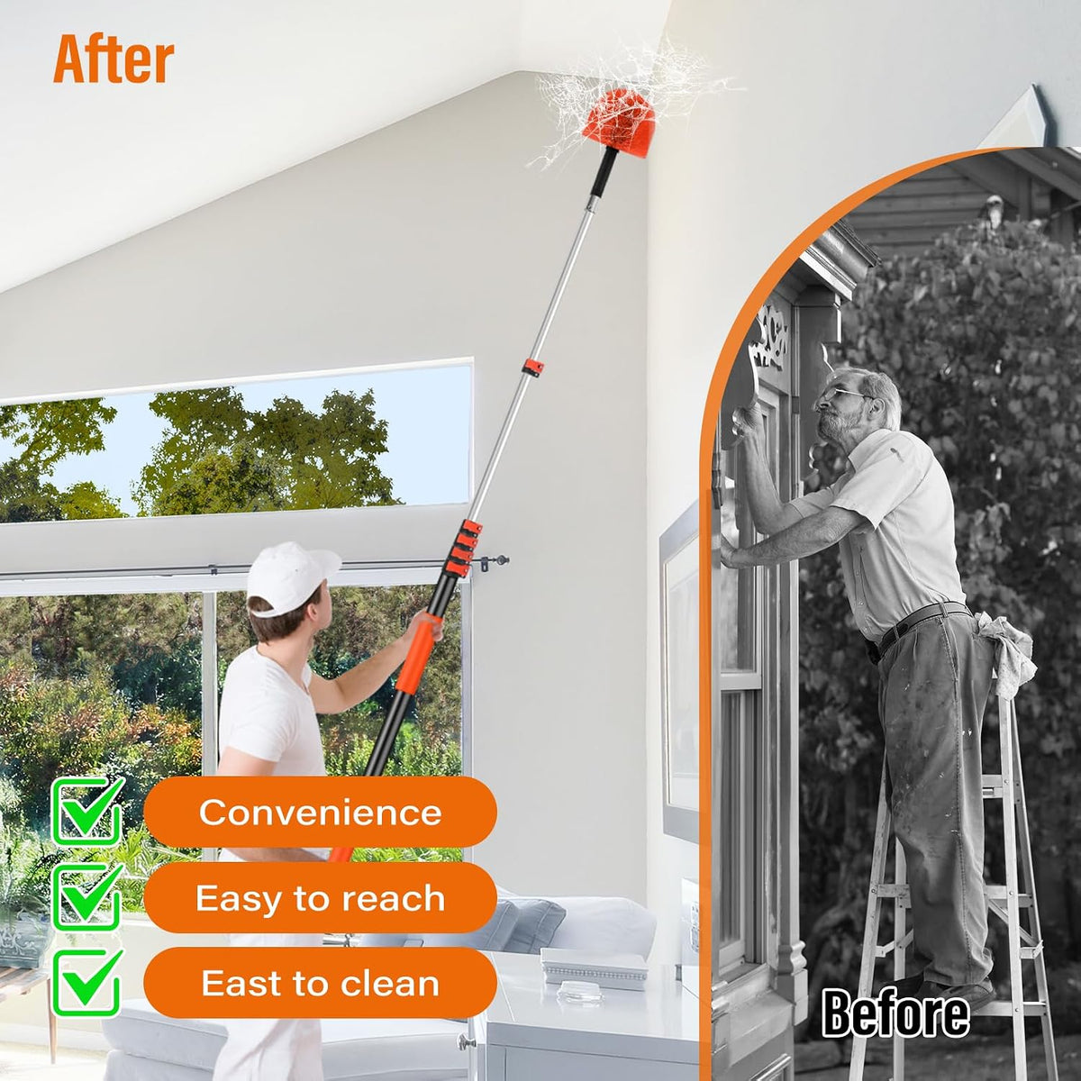 30FT Reach Cobweb Duster with Extension Pole,Spider Web Brush for Cleaning