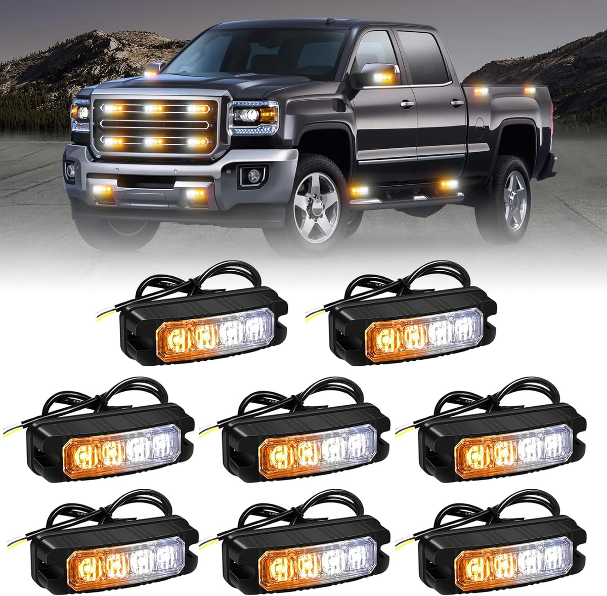 XRIDONSEN 8PCS Sync Grill Strobe Lights 32 LED Amber White Grille Light Bar