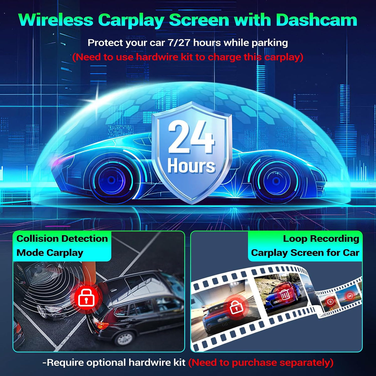 7" Portable Car Screen with Dual Dash Cam, Wireless CarPlay Android Auto