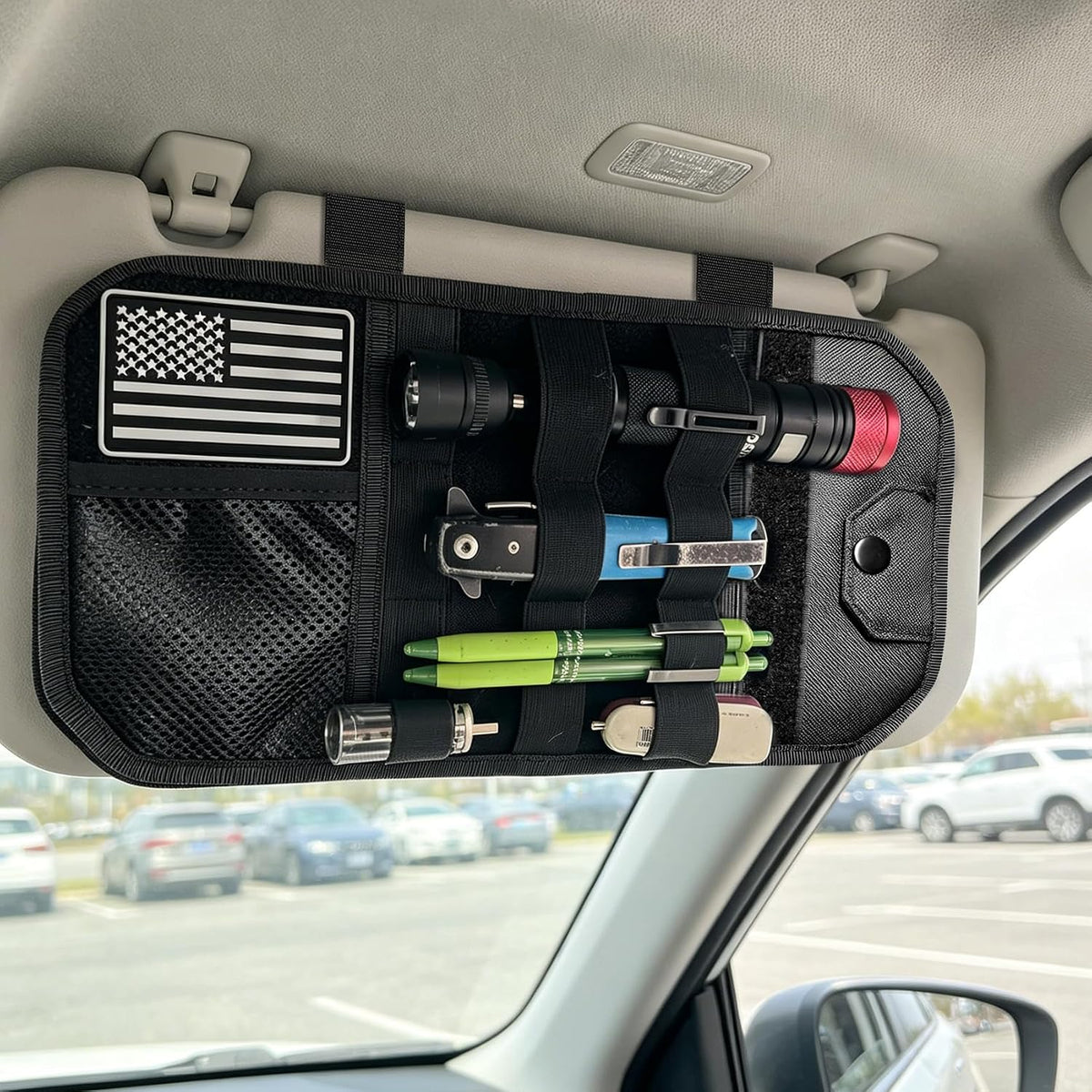 MOLLE Car Sun Visor Organizer, Multi-Pocket Storage Pouch with Zippered Compartment, Sunglasses Holder and Clear Window, Universal Visor Storage Bag for Cars, Trucks and SUVs (Black)