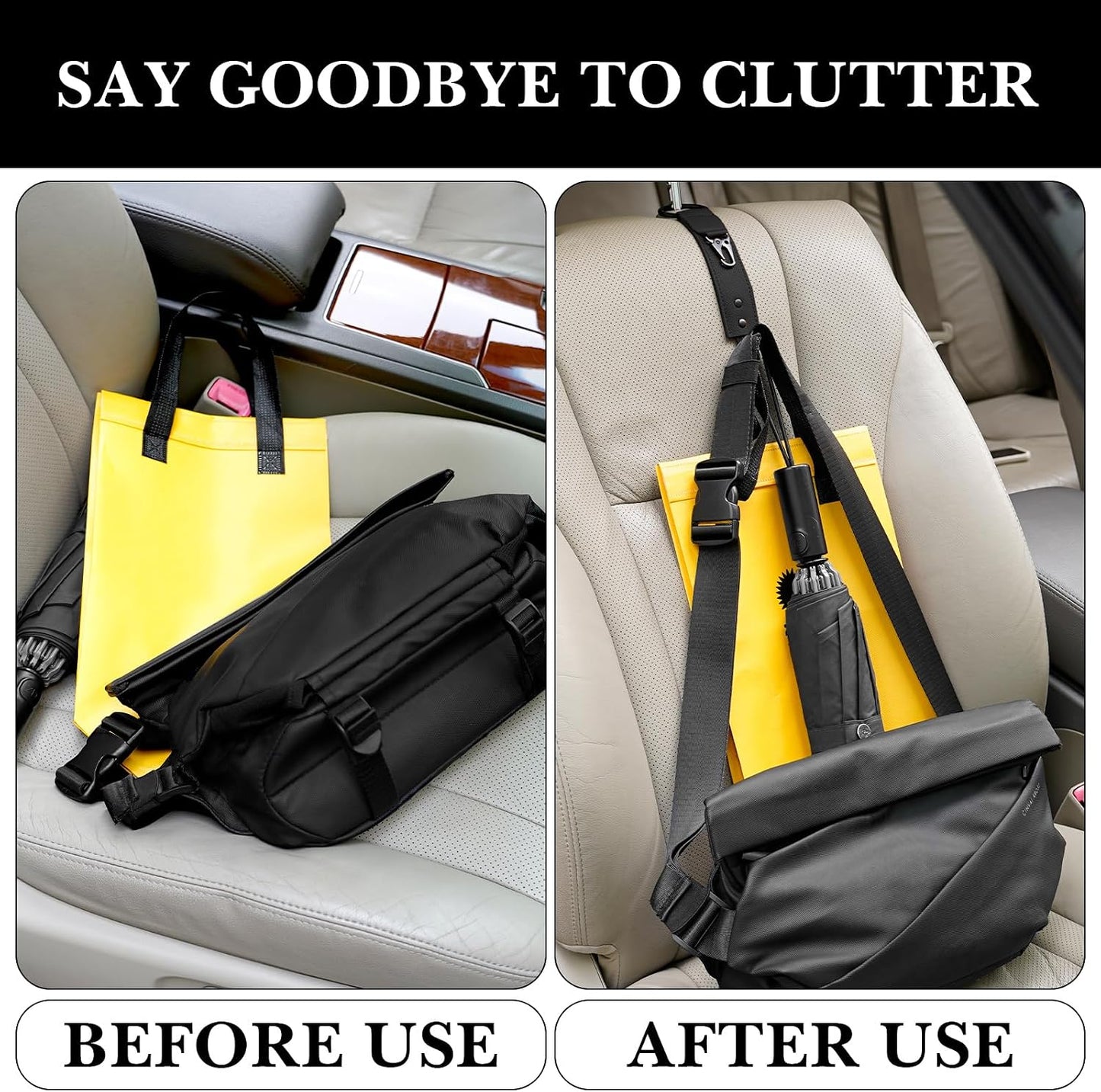 Adorila Car Hooks for Headrest - Backseat Storage Organizer Hangers - PU Leather Strap with Metal Snap Clip for Bags - (Black, 2-Pack)