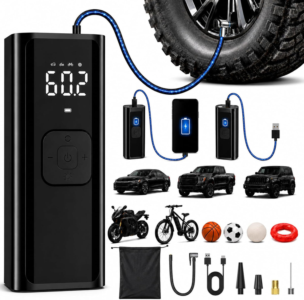 iJoy Tire Inflator Portable Air Compressor | Cordless Air Pump for Car Tires, Bikes, Balls and More | Up to 150 PSI Tire Pump With LED DIsplay, Auto Shutoff, Emergency Flashlight and More