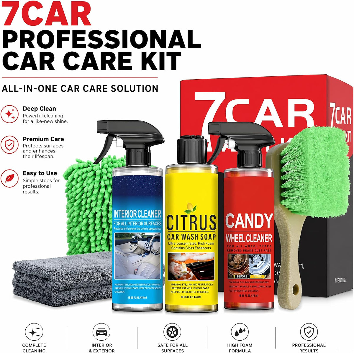 Complete Car Cleaning Kit - Interior Cleaner, Citrus Car Wash Soap, Wheel Cleaner with Chenille Glove, Wheel Brush & Microfiber Towel | for Cars, Trucks, RVs & SUVs