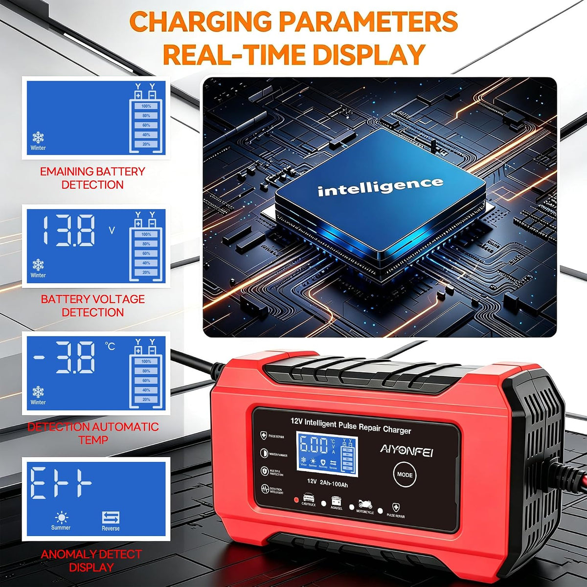 6A 12V Car Battery Charger Smart Maintainer Trickle Charger, Red