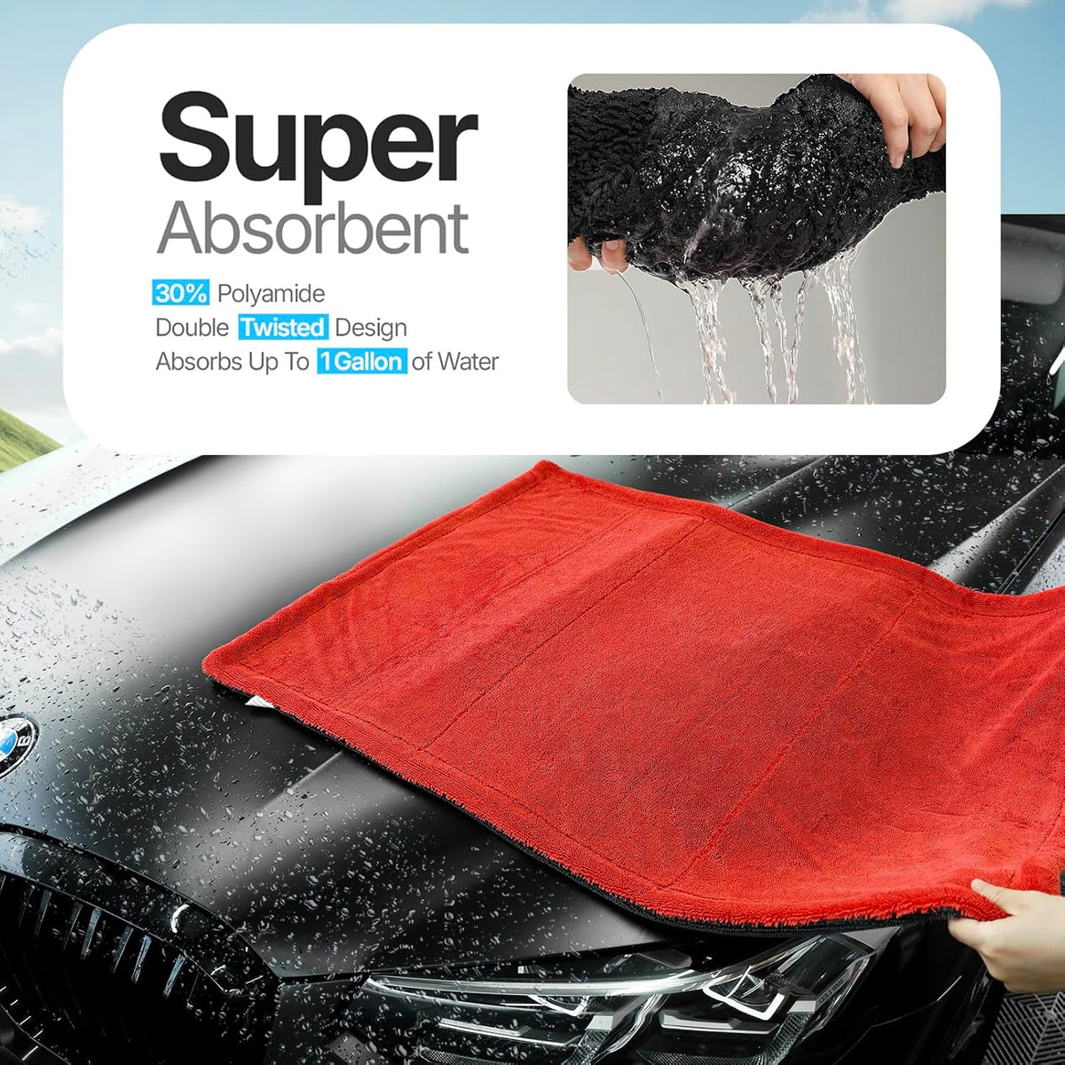 1400 GSM Car Drying Towel - 24x36 Inch Microfiber Twist Loop Towel for Cars, Ultra Absorbent Auto Detailing Towel, Scratch Free Streak Free, Red & Grey, 1 Pack