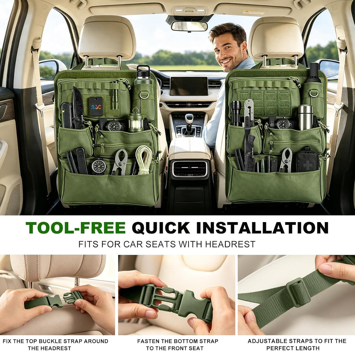 Car Seat Back Organizer with 7 Storage Pockets, Army green