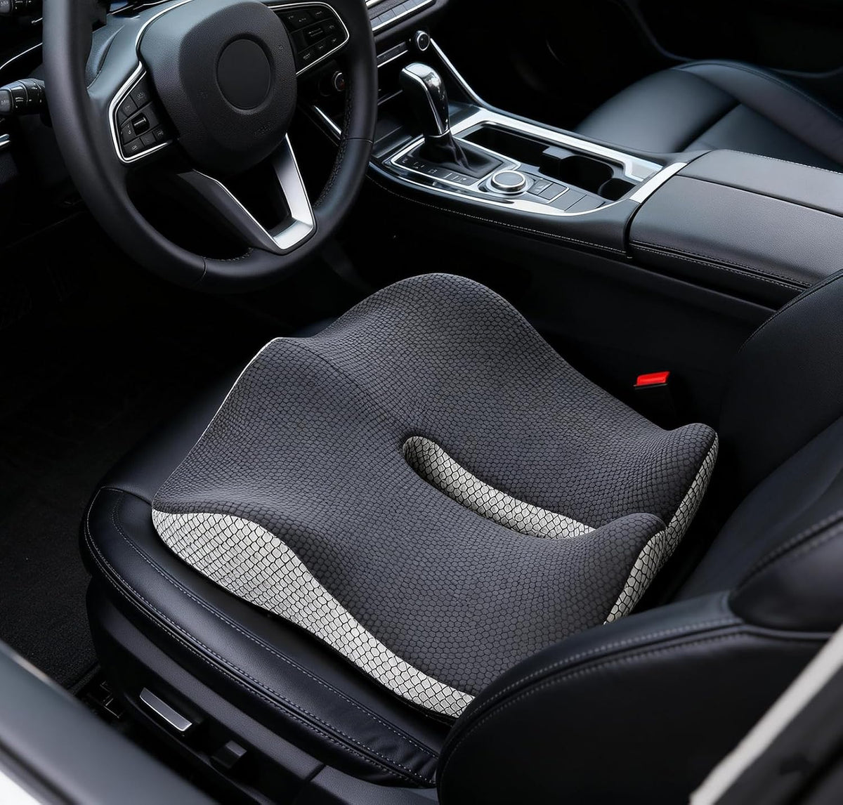 18x16 Inch Grey and Black Memory Foam Seat Cushion for Office Chair, Car Seat and Travel, Contoured Chair Pad with Removable Cover, Non-Slip Bottom and Carry Handle