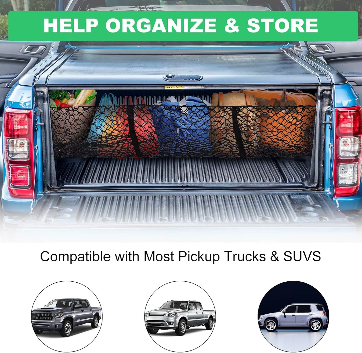Cargo Net Trunk Bed Organizer for Ford/Dodge/GMC/Chevy Silverado/Toyota/Nissan/Honda Pickup Truck, 59" Longer Mesh Storage Net Grocery Holder Heavy Duty Automotive Cargo Net with 3 Detachable Pocket