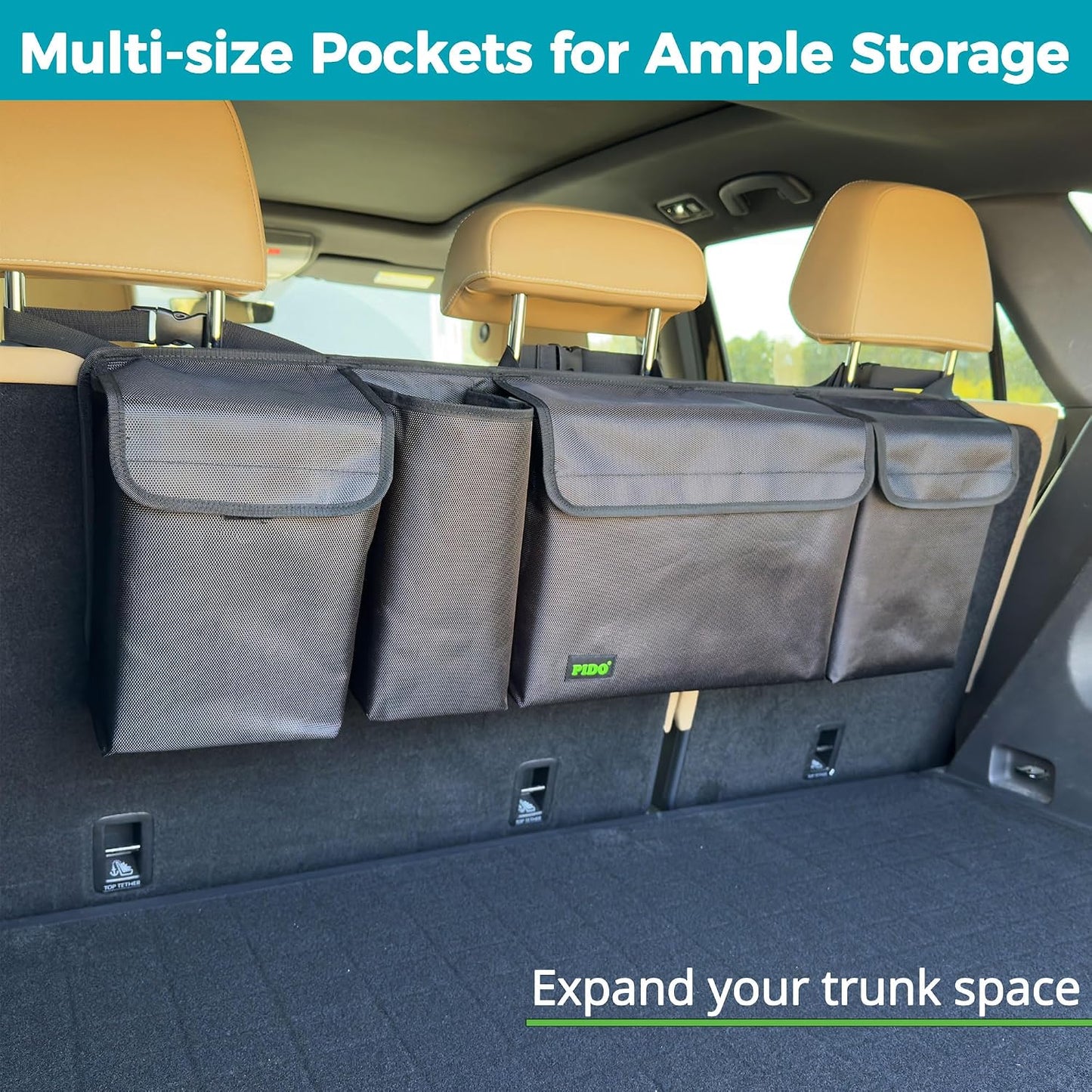 PIDO Hanging Trunk Organizer, Backseat Trunk Organizer for SUV, Hanging Car Storage Bag with Large Pockets for Sedan, Truck, Van, Upgraded Premium 1680D Oxford, Space Saving Car Interior Accessory