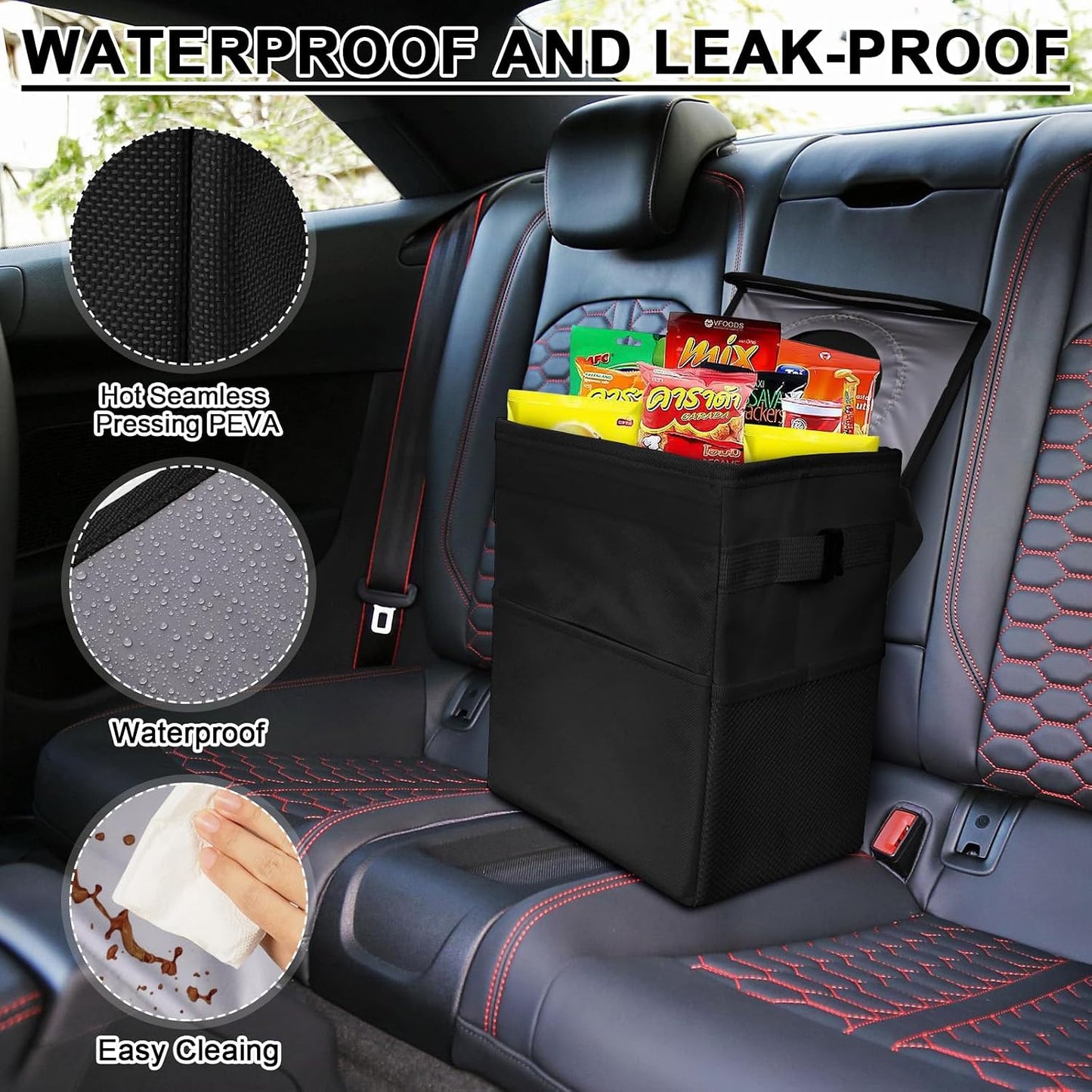 Car Trash Can Bin with Lid - Collapsible Car Garbage Can with Storage Pockets-Black Mini Leakproof Vehicle Trash Bag-Small Automotive Organizers and Storage for Back/Front Seat SUV Truck Accessories