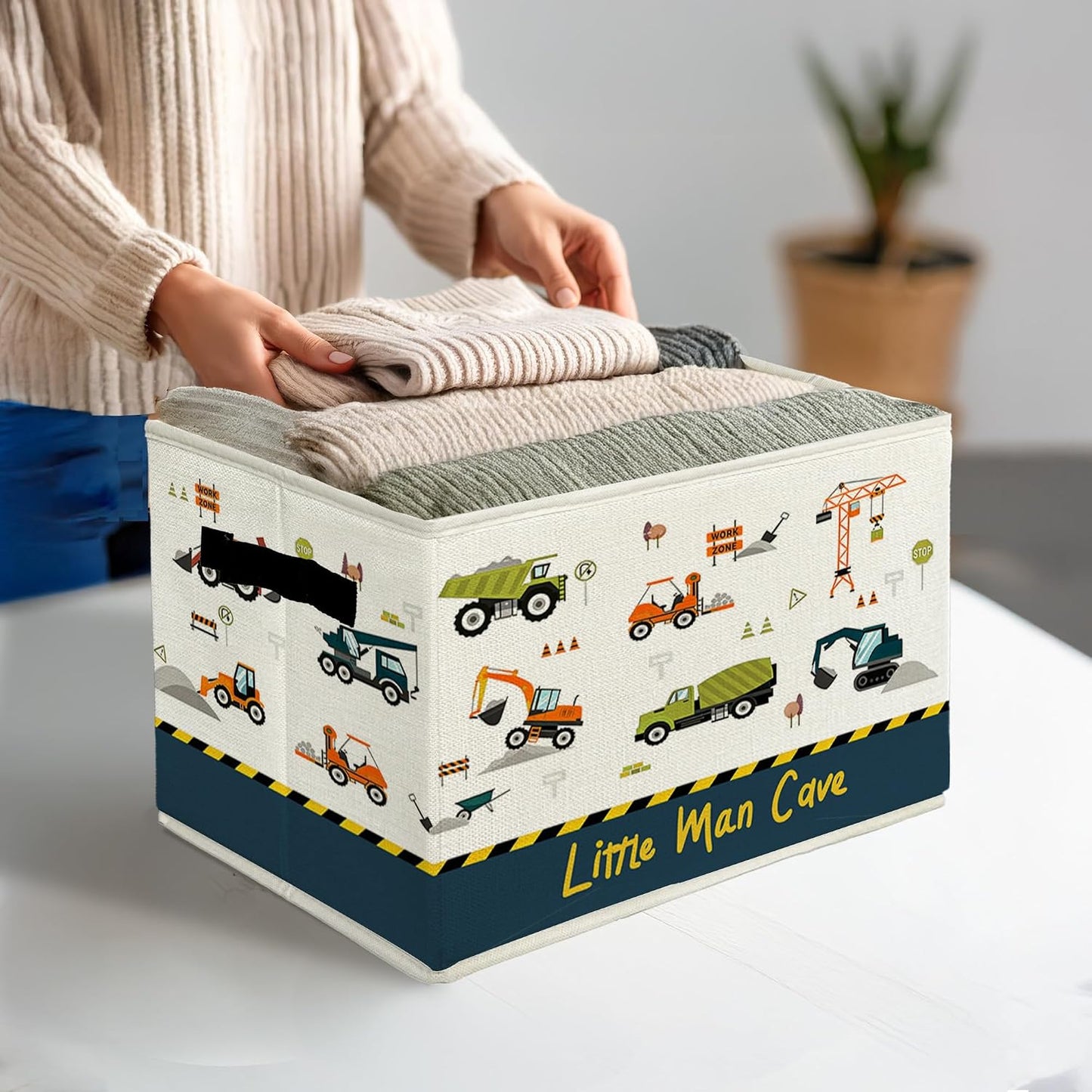 Truck Car Nursery Storage Bins & Boxes with Handles, Kids Room Foldable Basket for Organizing, Little Man Cave Vehicle Collapsible Storage Basket for Boys Bedroom Bathroom Clothes Toys Books