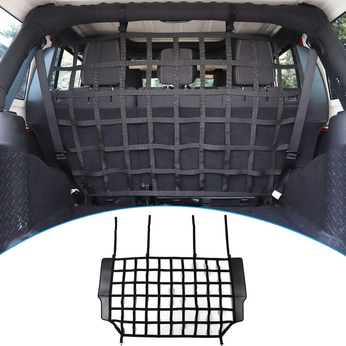 RT-TCZ Car Rear Trunk Organizer Isolation Cargo Net, Mesh Dog Barrier Divider Net for Jeep Wrangler JKU & JLU 4 Door 2007-2023
