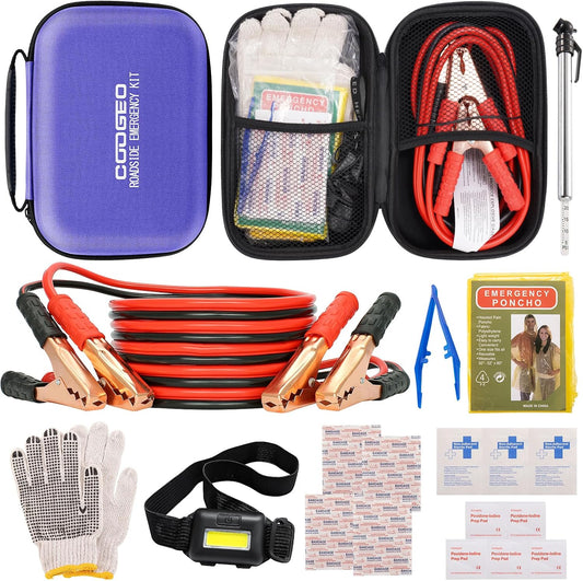 Car Roadside Emergency Kit with Battery Jumper Cables, Purple