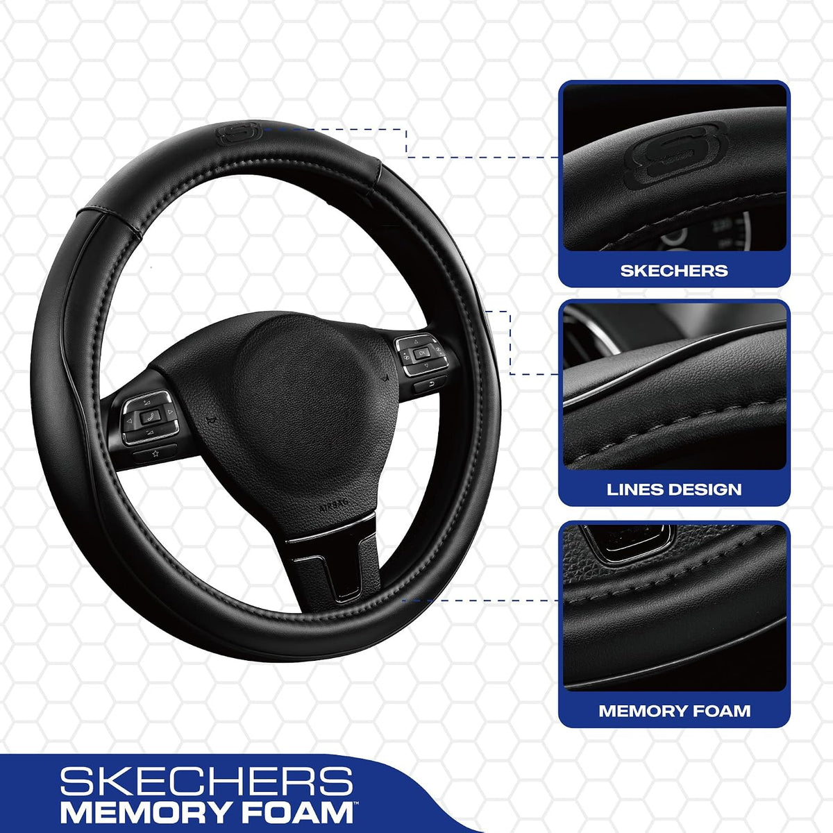 Skechers Memory Foam Steering Wheel Cover,Piping Microfiber Leather Steering Wheel Cover Sporty Universal Fit 14" 1/2-15" Car Wheel Protector for Men Women Fit Suvs,Vans,Sedans,Car,Trucks,Black