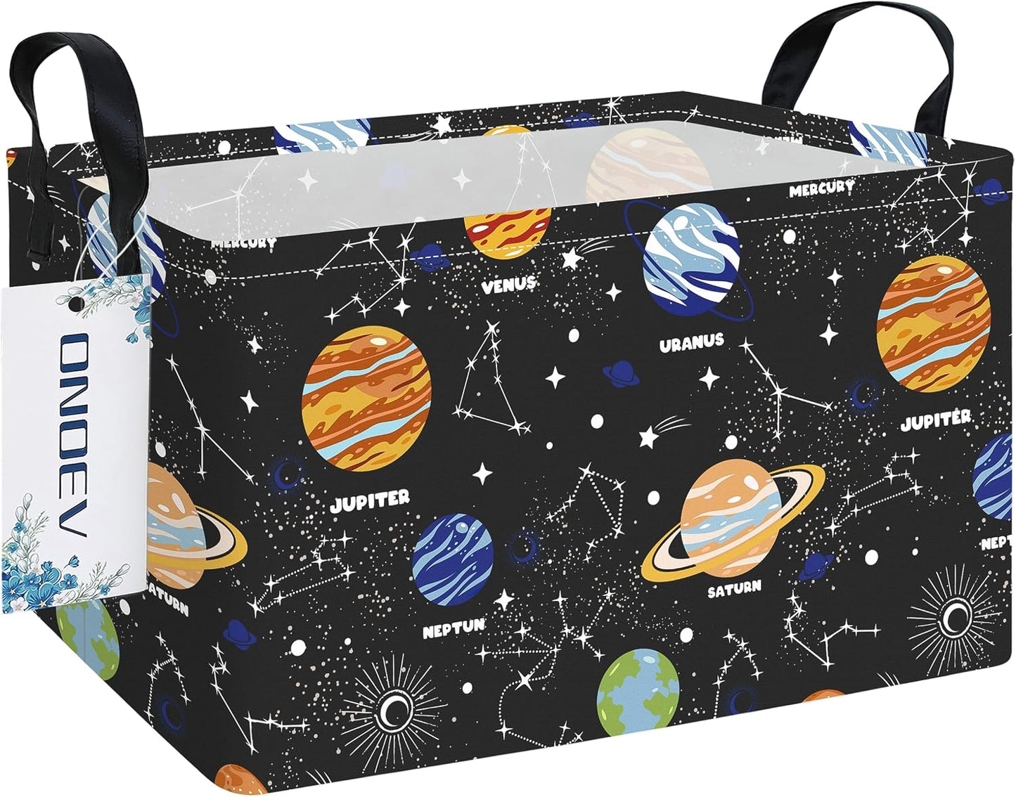 Rectangular Solar System Planet Storage Bin, Closet Organizer Basket | Moisture repellent textile, reinforced carry grips, collapsible holder tidies cabinet and teenage bedroom belongings