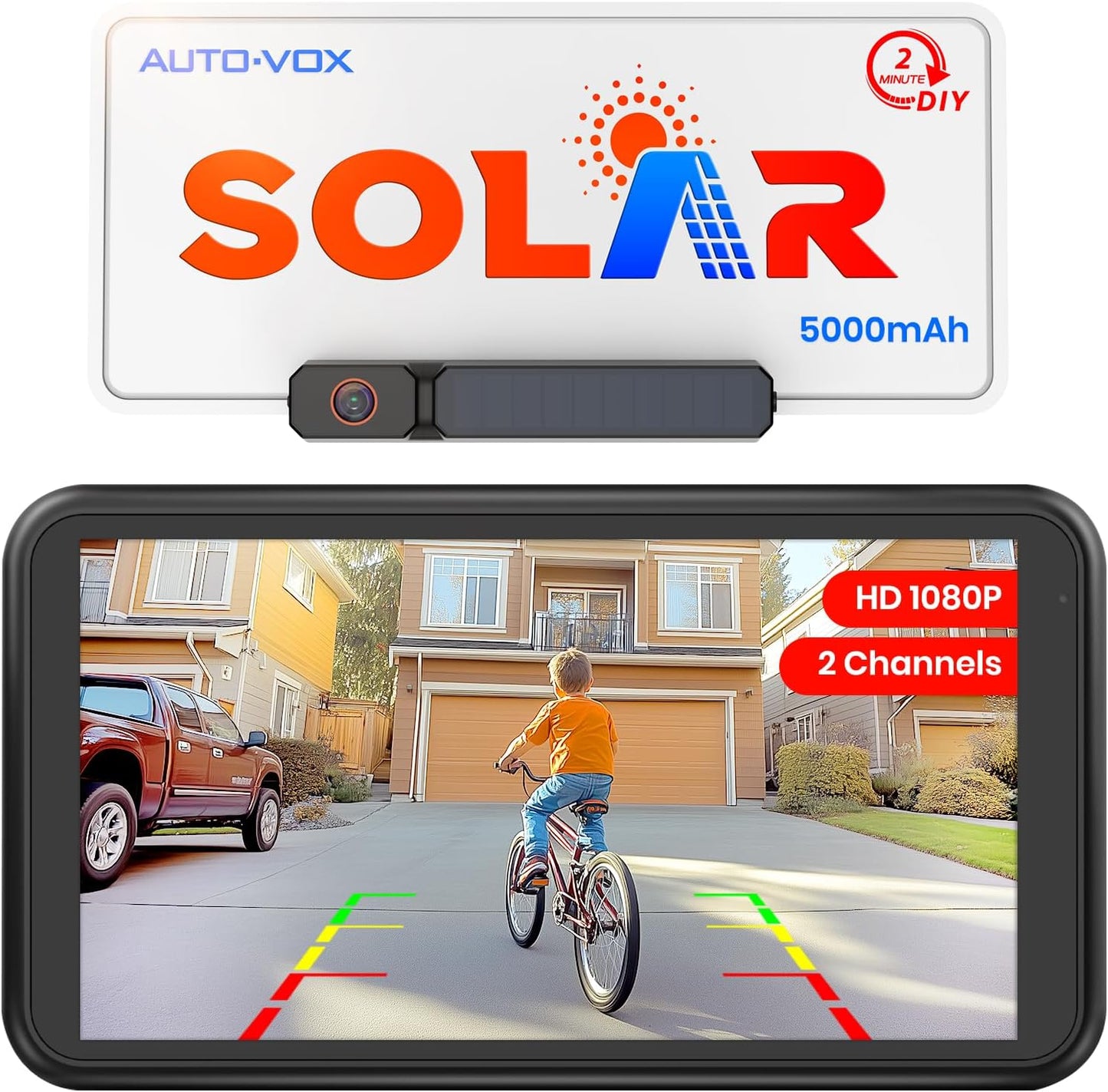 AUTO-VOX Solar Wireless Backup Camera: 5" 1080P Monitor, 2 Min Easy Install | 2 Split Screen & 5000mAh Battery Back Up Camera, IP69K Waterproof Reverse Camera for Car, Van, SUV, Truck, Trailer