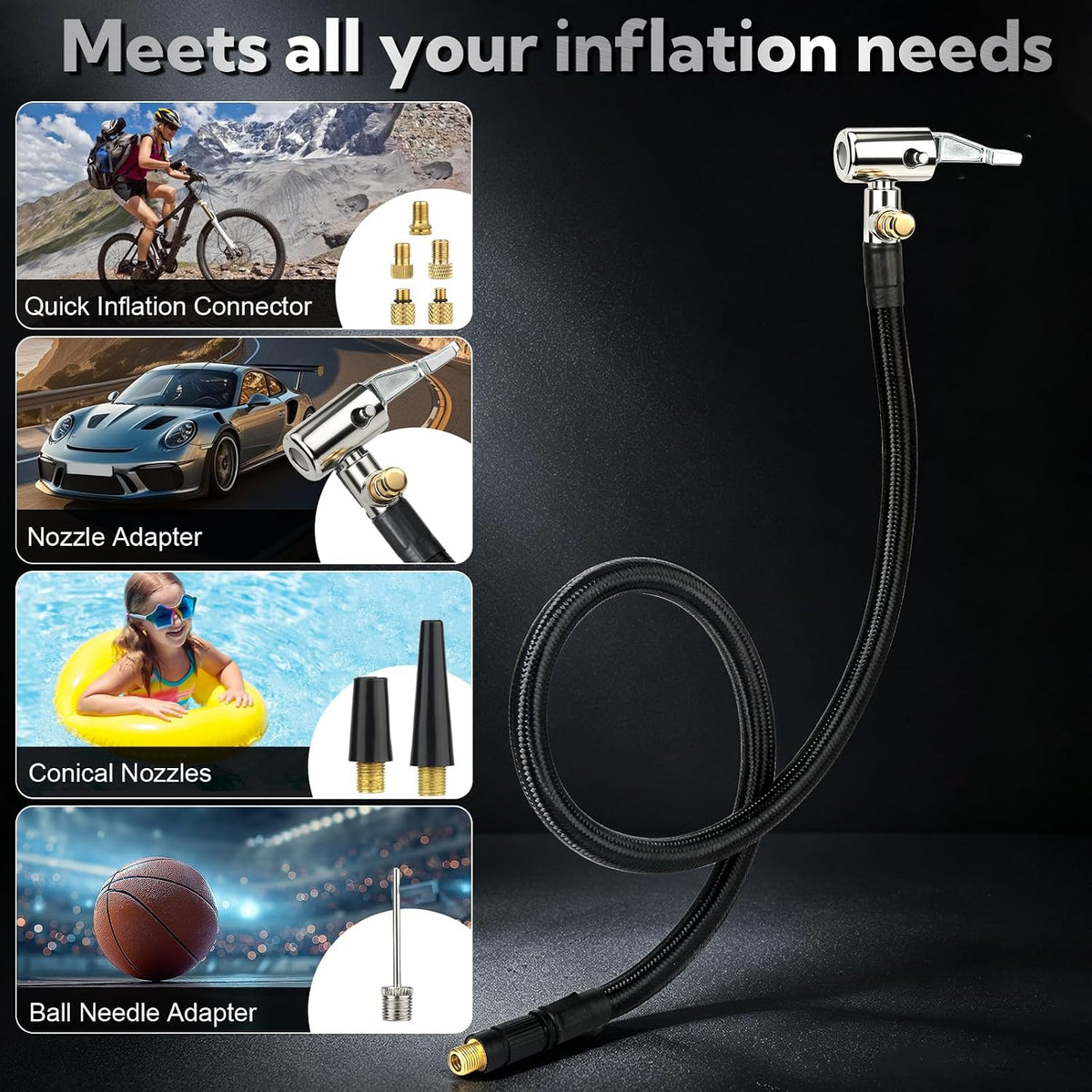 21'' Tire Inflation Hose,Tire Inflator Hose Adapter w/360° Rotating End