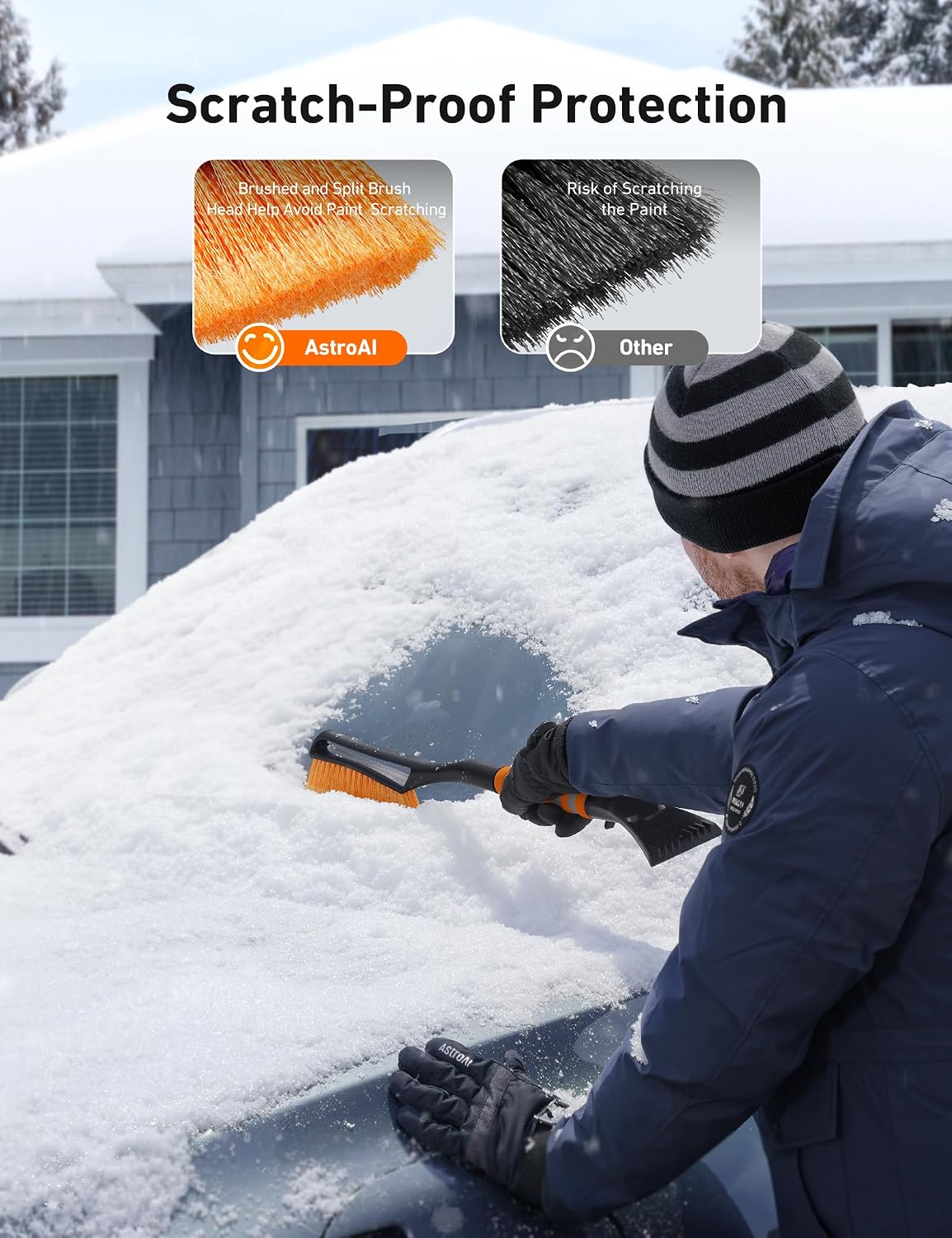 AstroAI 27" 2-in-1 Detachable Snow Brush &amp; Ice Scrapers for Car Windshield | Snow Removers with No-Scratch Bristles, Ergonomic Handles &amp; Easy Storage, Winter Accessories for Cars, SUVs, Trucks (Orange)