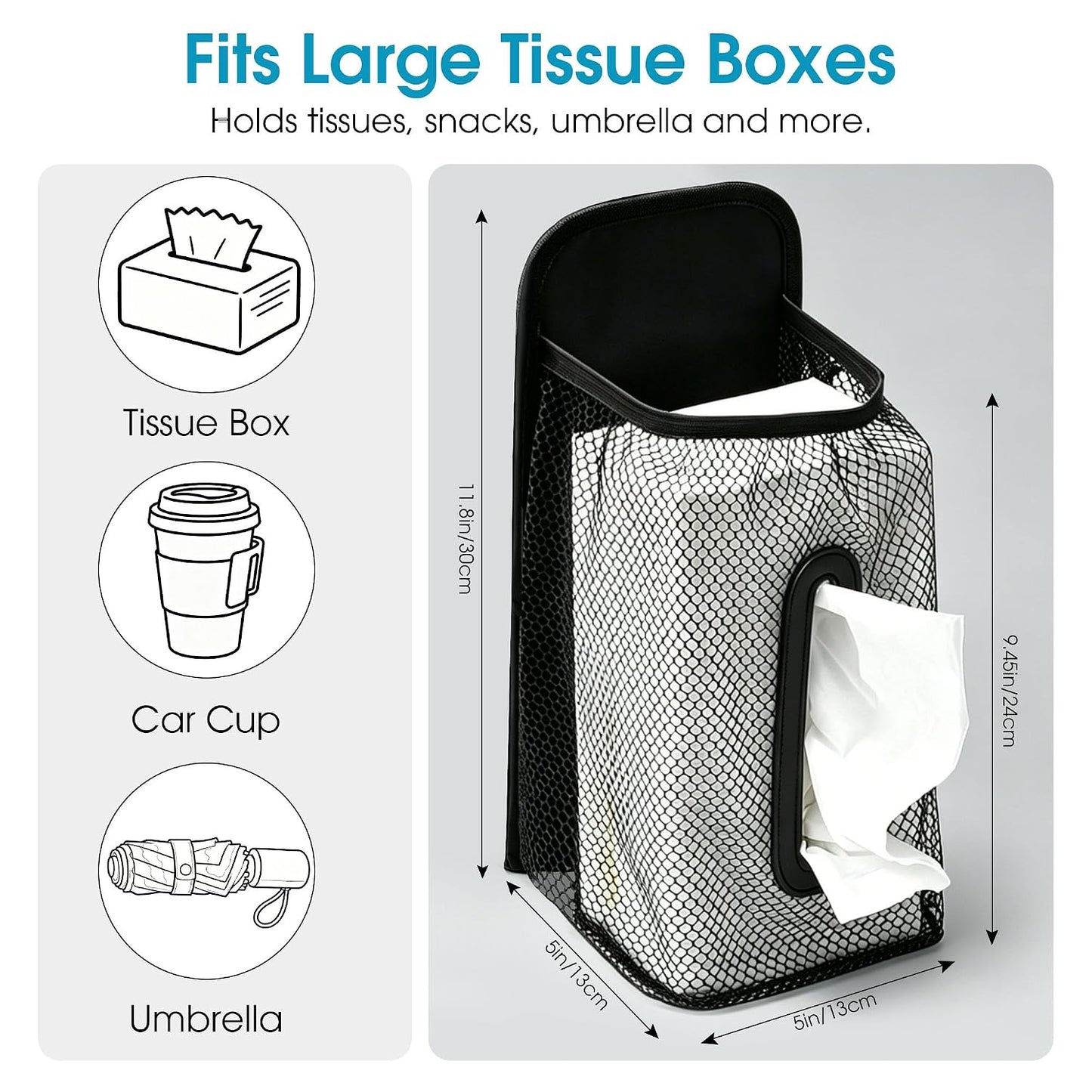 Ryhpez Car Trash Can with Tissue Holder, Leakproof Car Garbage Can with Detachable Car Napkin Holder, Hanging Car Trash Bin for Headrest, Console, Truck, SUV Car Accessories, Black