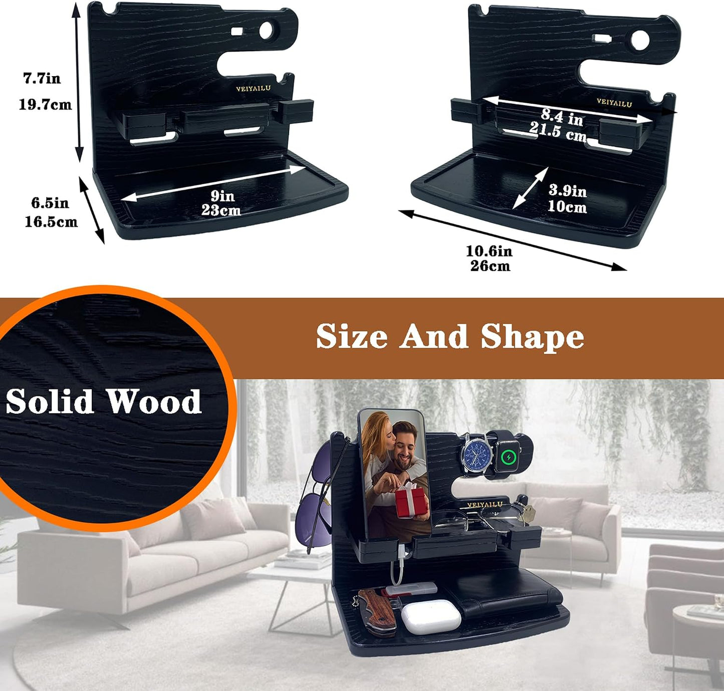 VEIYAILU Gifts for Men Dad Women Husband Boyfriend Him Nightstand Organizer for Men Wood Phone Docking Station Birthday Gifts (Black)
