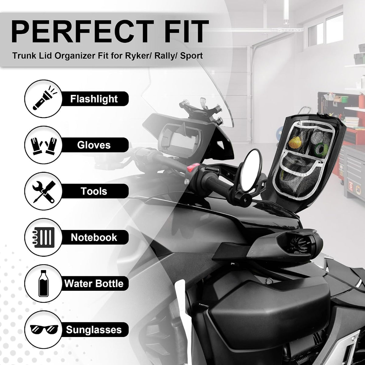 Front Trunk Lid Storage Organizer Fit for Can-Am Ryker 600 900 / Rally Edition/Sport（2015-2025) | Removable 3-Pocket Storage Bag (White String)