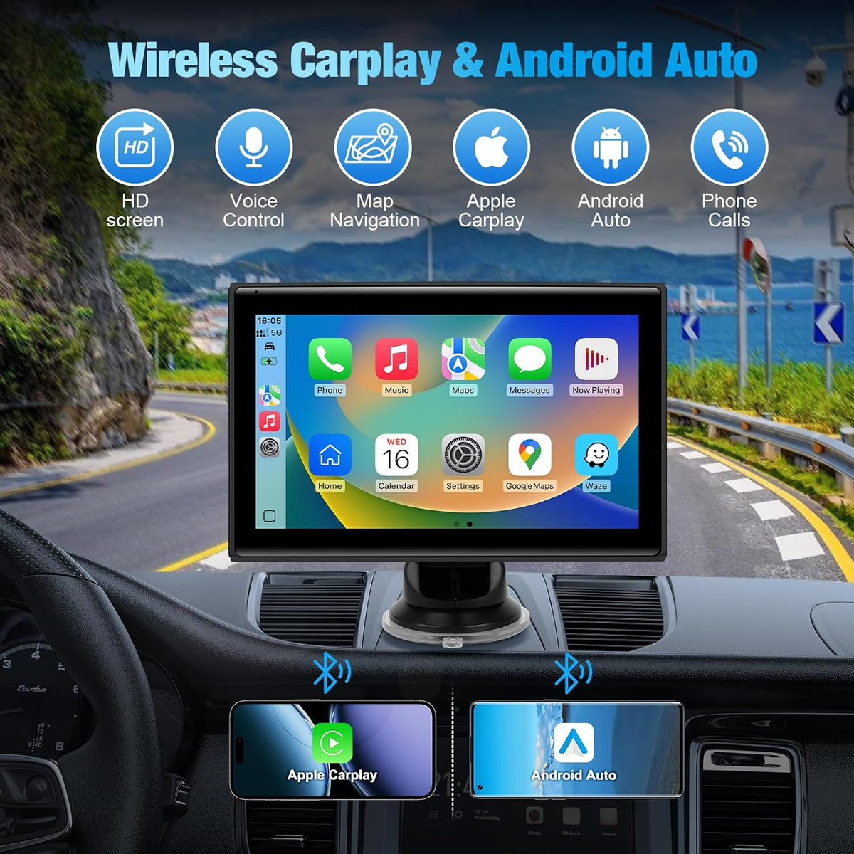 7" Portable Wireless CarPlay Screen for Car – Apple CarPlay & Android Auto, HD Touch Screen Car Stereo, Bluetooth, GPS Navigation, Voice Control, Plug-and-Play with FM/AUX/Mirror Link (Black)