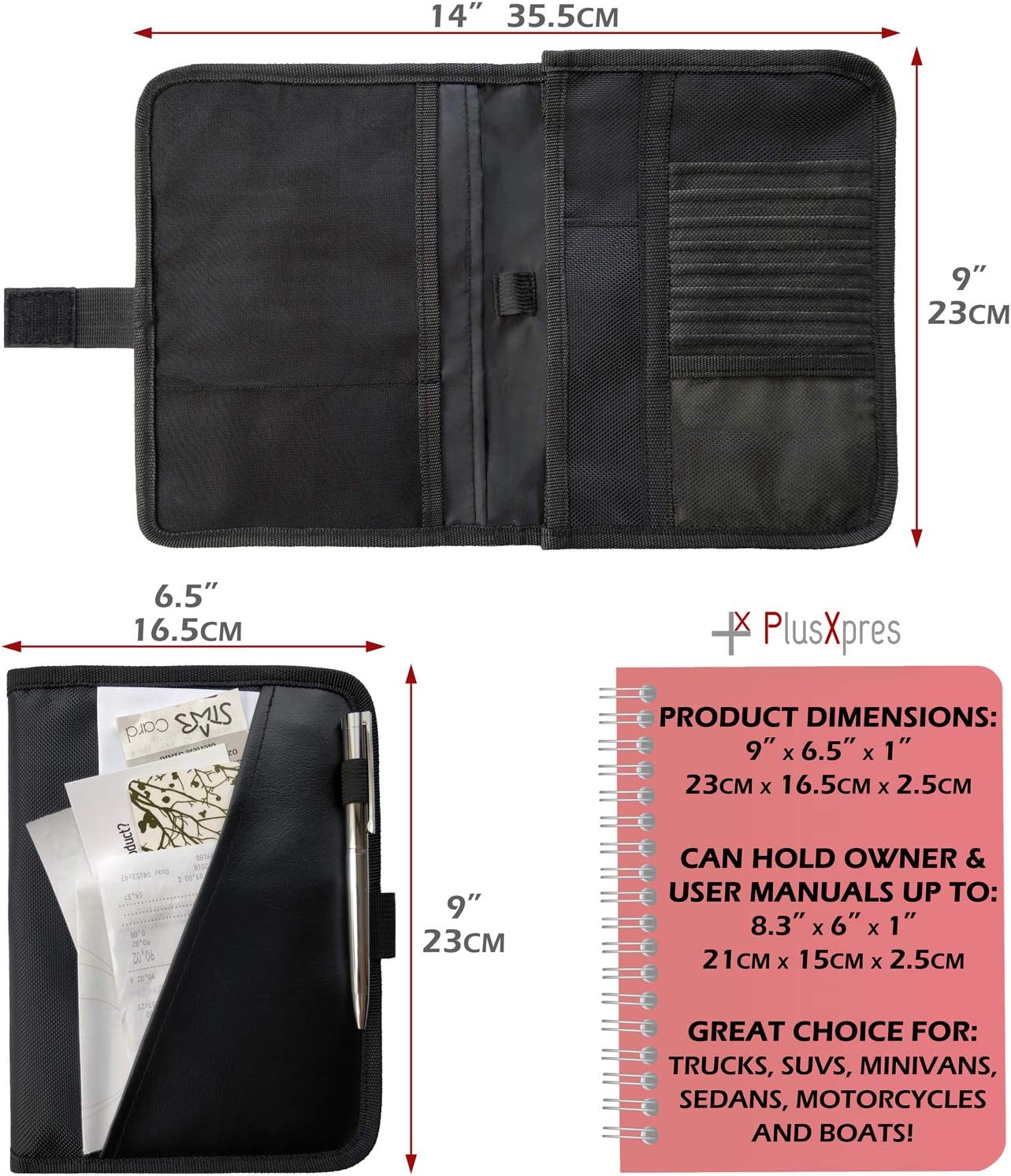 PlusXpres Glove Box Compartment Organizer - Car Document Holder - Black | Owner Manual Case Pouch, Vehicle Storage Wallet for Registration and Insurance Card, Auto Paperwork Holder, Log Book included