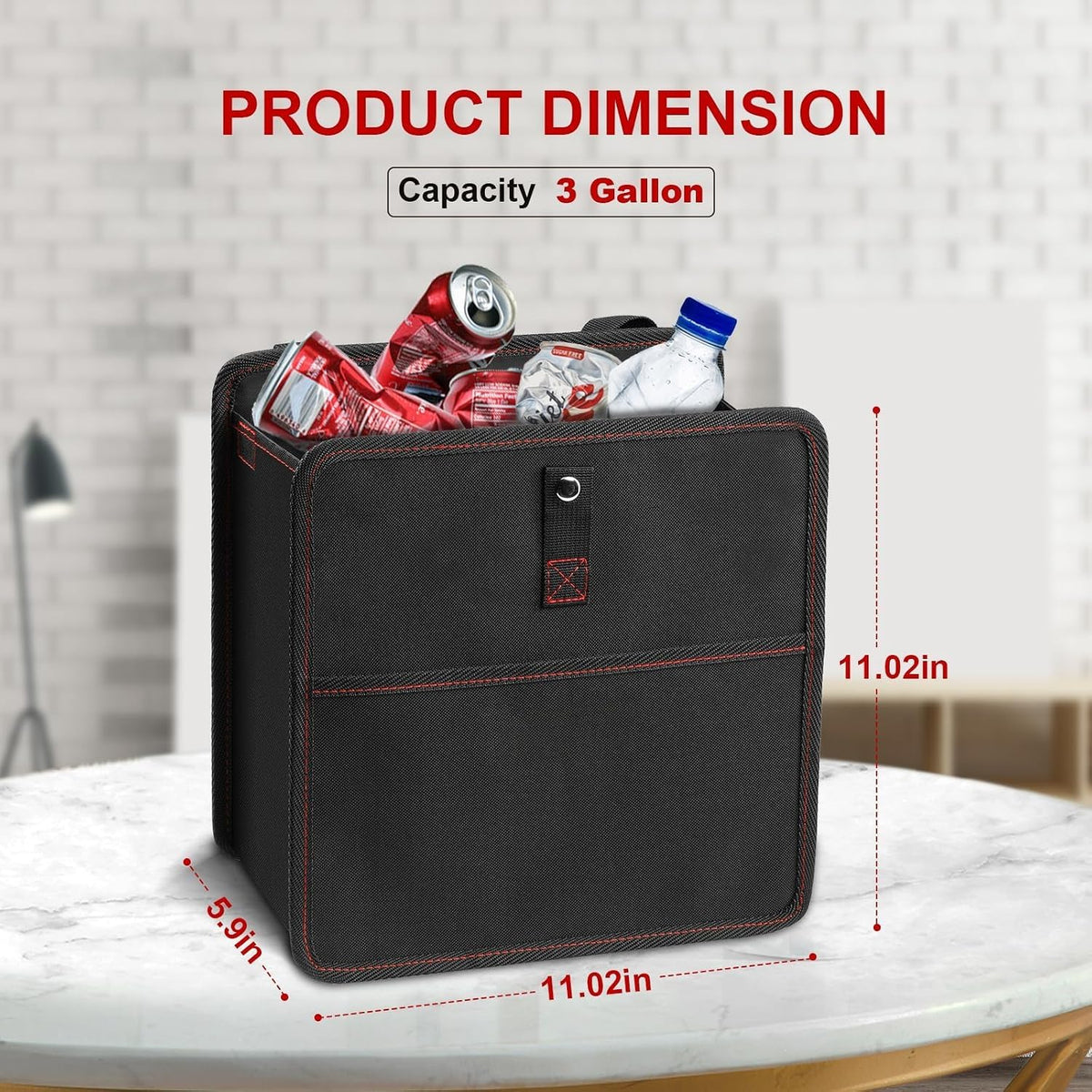 Simple Deluxe 3 Gallon Car Trash Can, Leak-Proof Car Garbage Can with Storage Pockets, Collapsible, Portable and Waterproof, Black