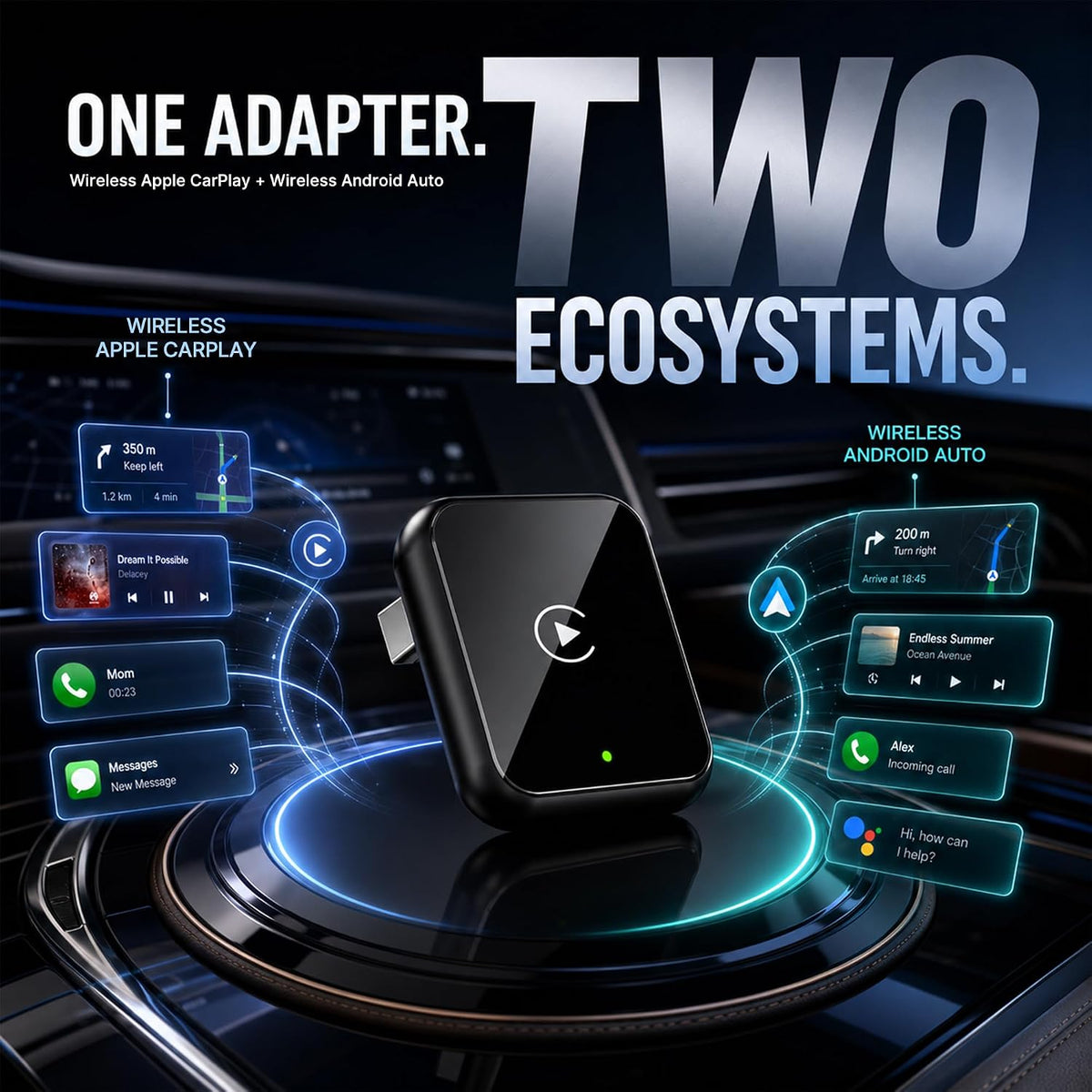 2-in-1 Wireless CarPlay Adapter for Apple CarPlay & Android Auto
