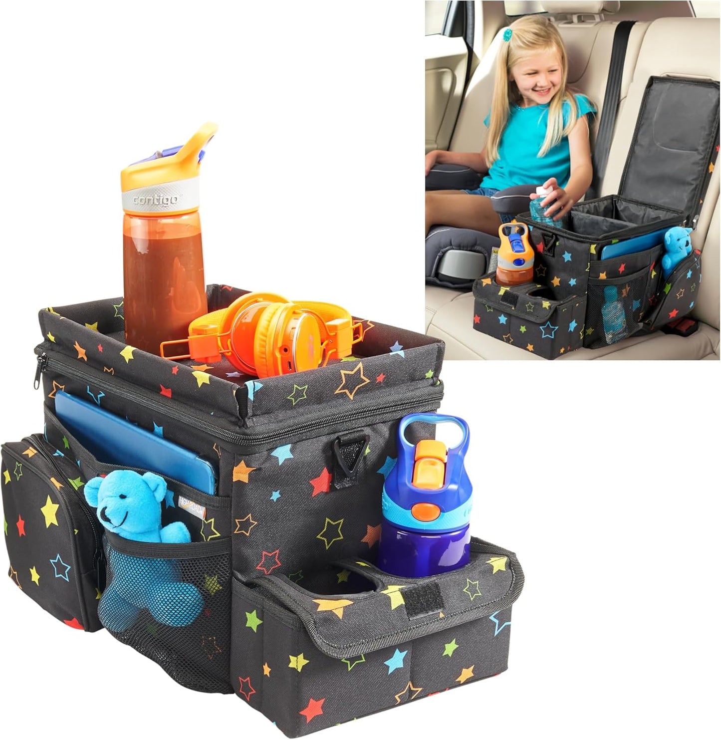 High Road CarHop Car Caddy Organizer with Road Trip Cooler, Car Cup Holder Bin, Sturdy Snack and Play Lid and 6 Organization and Storage Pockets, Starry Night