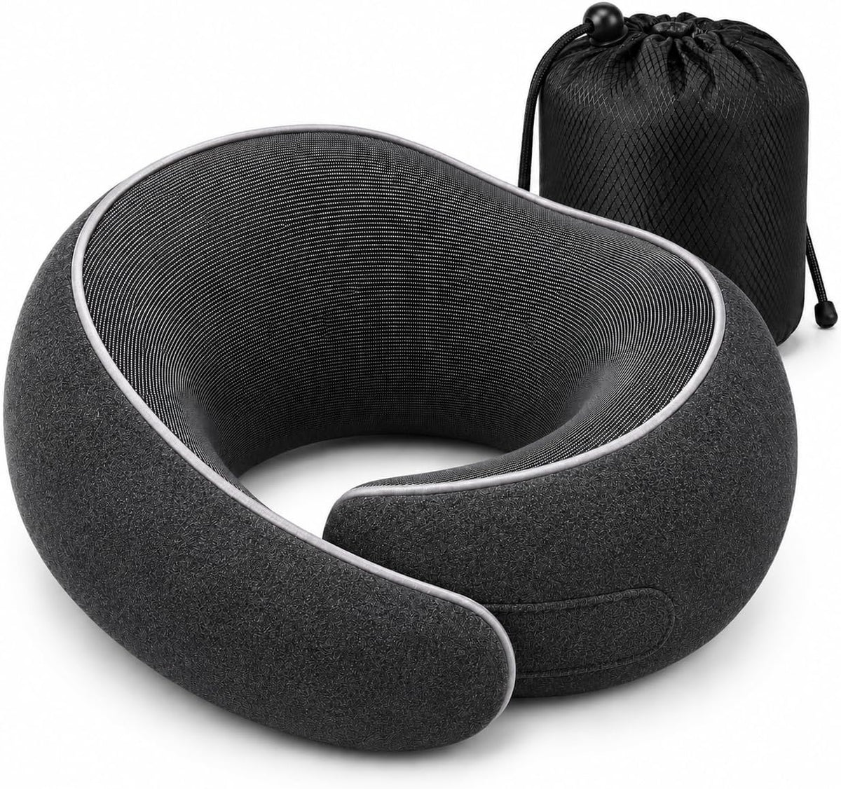 Travel Neck Pillow for Airplanes, Pure Memory Foam Neck Pillow with Washable Cover and Storage Bag, Ergonomic 360° Support for Sleeping, Car, Office, Home, Black