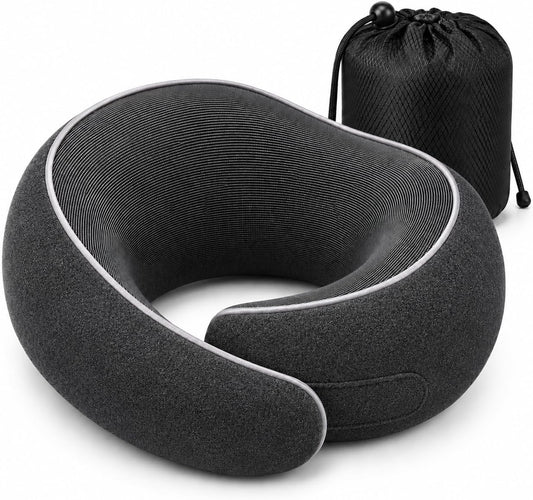 Travel Neck Pillow for Airplanes, Pure Memory Foam Neck Pillow with Washable Cover and Storage Bag, Ergonomic 360° Support for Sleeping, Car, Office, Home, Black