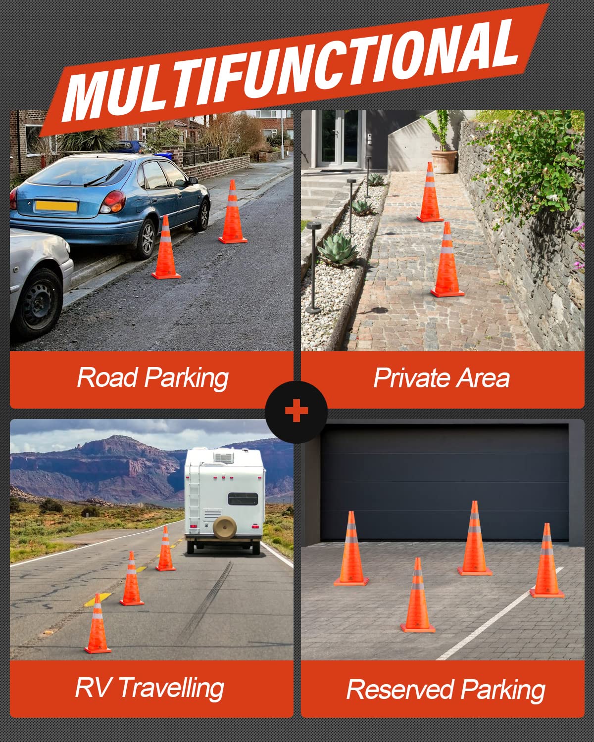 RoadHero 28 Inch 4 Pack Collapsible Traffic Safety Cones with Bag, Orange