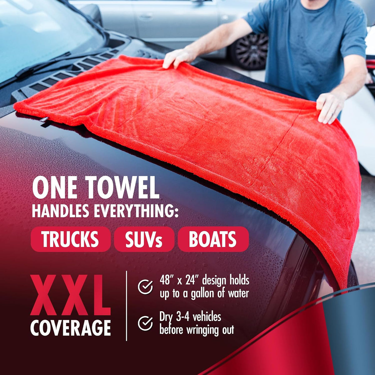 Extra Large Microfiber Car Drying Towel, Twisted Loop, 48x24, 1400GSM