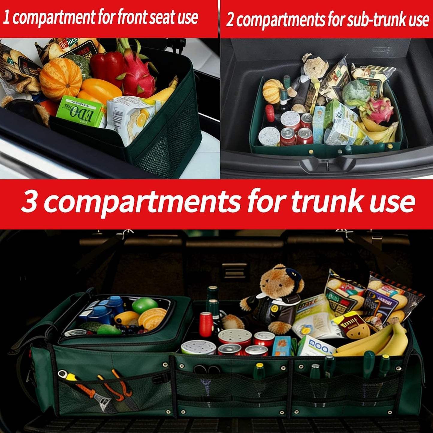 Car Trunk Organizer with Removable Cooler Bag - Collapsible Multi-Compartment Storage for SUV Truck Groceries Camping, Durable Nylon Auto Cargo Organizer (Green)