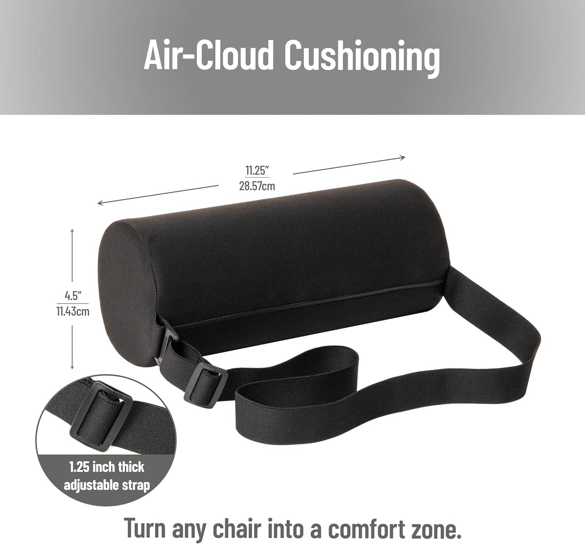 Mind Reader Lumbar Roll Pillow with Air-Cloud Memory Foam, Back, Waist & Hip Support, Breathable Cover & Adjustable Strap, Black